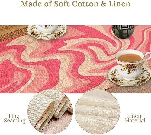 Miniatura 181 de Camino de mesa ondulado de los años 70, retro, hippie abstracto, vintage, verde, rosa, con estampado de ondas para el hogar, cocina, comedor, patio,