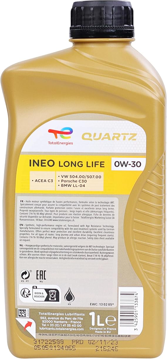 TotalEnergies Ineo Long Life 0W-30 Full Synthetic Motor Oil - Advanced Protection with Age Resistance Technology, Extended Life Oil for European Vehicles - 1 Liter