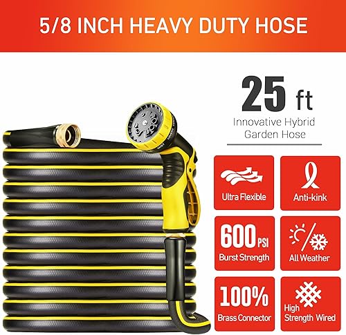 Miniatura 2 de Adimos Manguera de jardín híbrida de 25 pies x 58 pulgadas, manguera de agua ligera y flexible de 25 pies con boquilla rociadora de 10 funciones,
