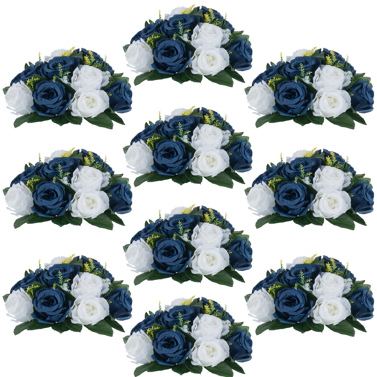 Inweder Wedding Flower Balls for Centerpieces - 10 Pcs Artificial Rose Arrangement Bouquet, Fake Flowers for Weddings, Birthday Party, Valentine's Day, Home Decor, Navy Blue & White