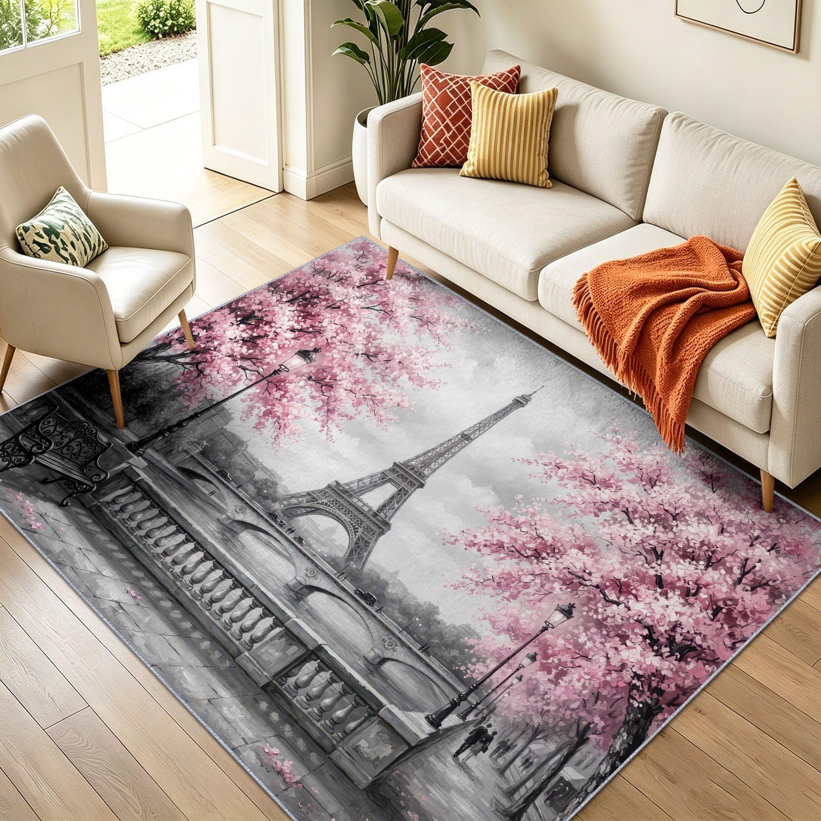 Tapis Lavable Imprimé 120 x 170 cm Rose Tapis Salon | Chambre, Cuisine,Bureau, Salle de Bain, Français Ville Paysage Tour Eiffel Pont Réverbère, Lavable en Machine, Poils Courts, Antidérapant