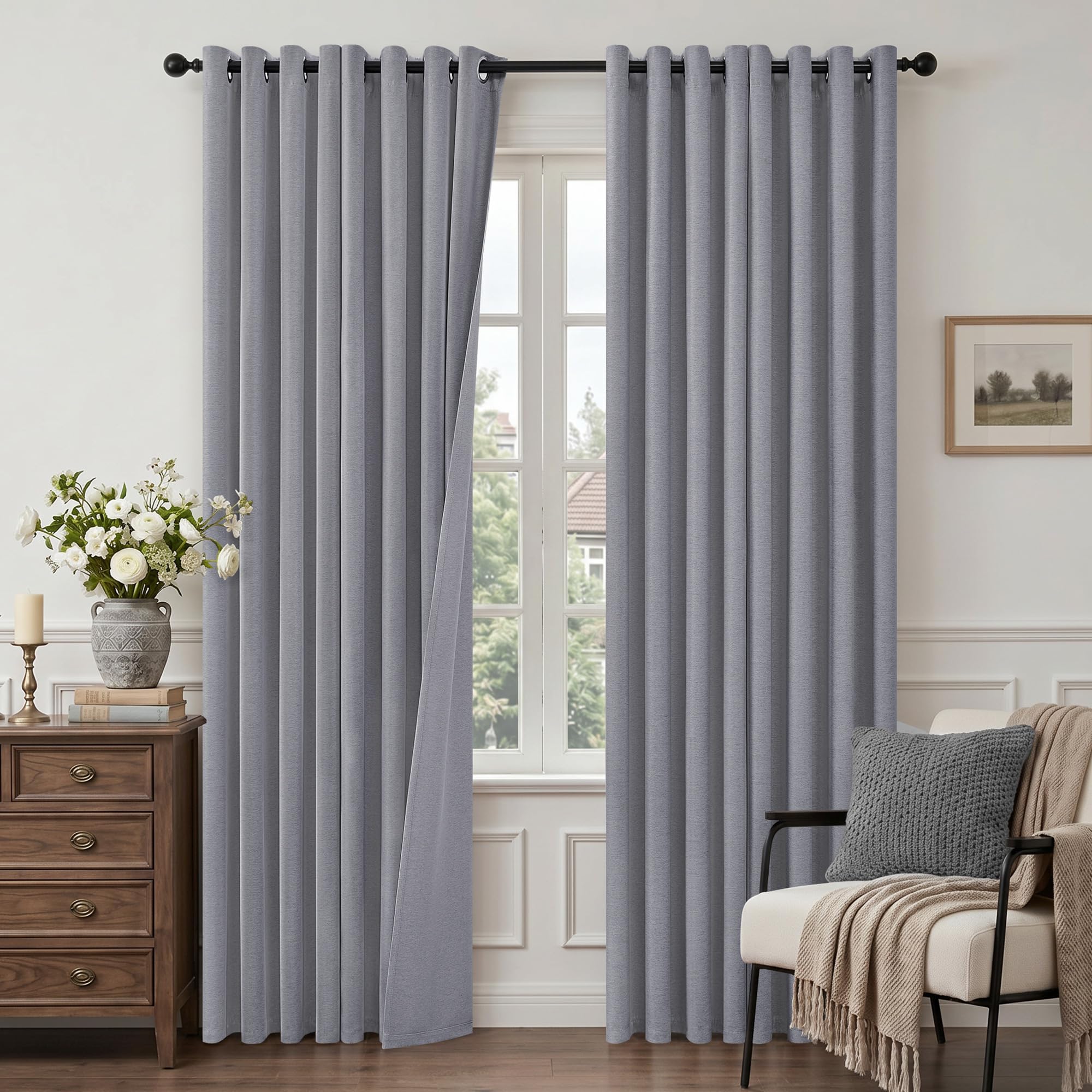 Best Baisite Grey Blackout Curtains 84 Inch Drop 2 Panels Soft Double-sided Thick Linen Curtains Eyelet Thermal 100% Blackout Curtains for Living Room Bedroom Dark Grey Window Drapes 52" W x 84" L