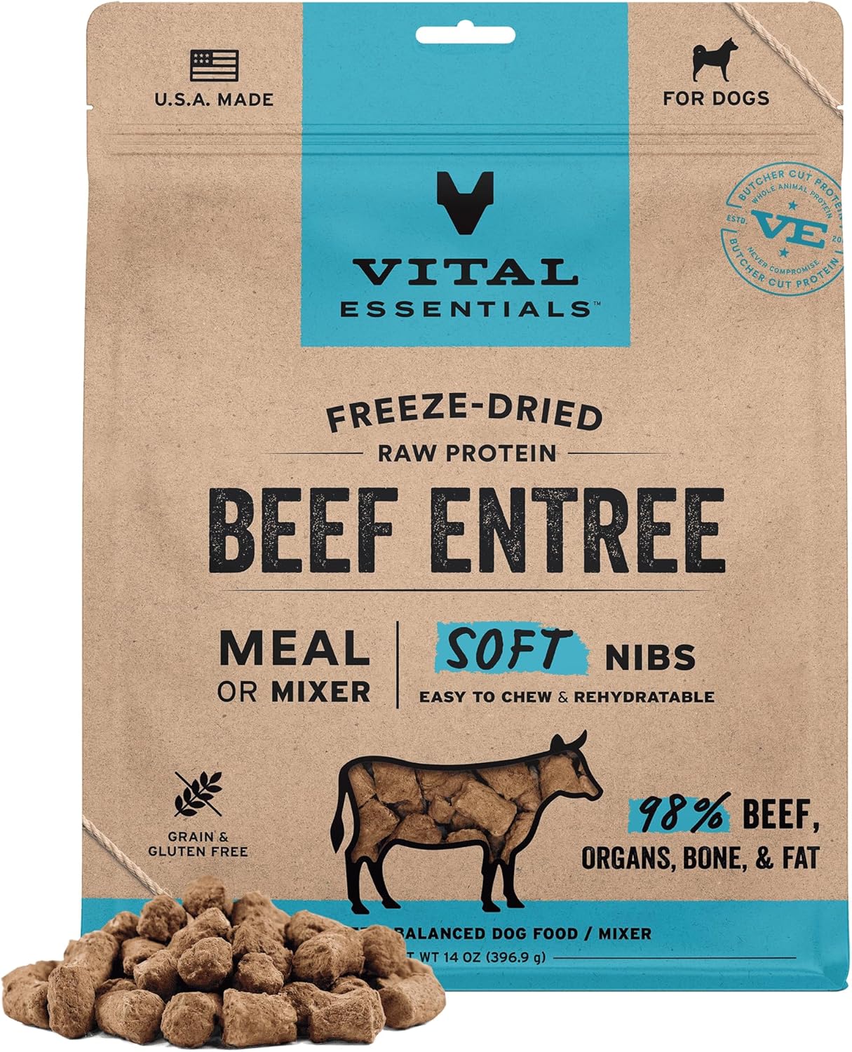 Vital Essentials Freeze Dried Dog Food, Raw Beef Soft Nibs | Complete Meal or Topper | 98% Beef, Organs & Bone | Limited Ingredient, High Protein, Grain Free Dry Dog Food | 14 oz Bag