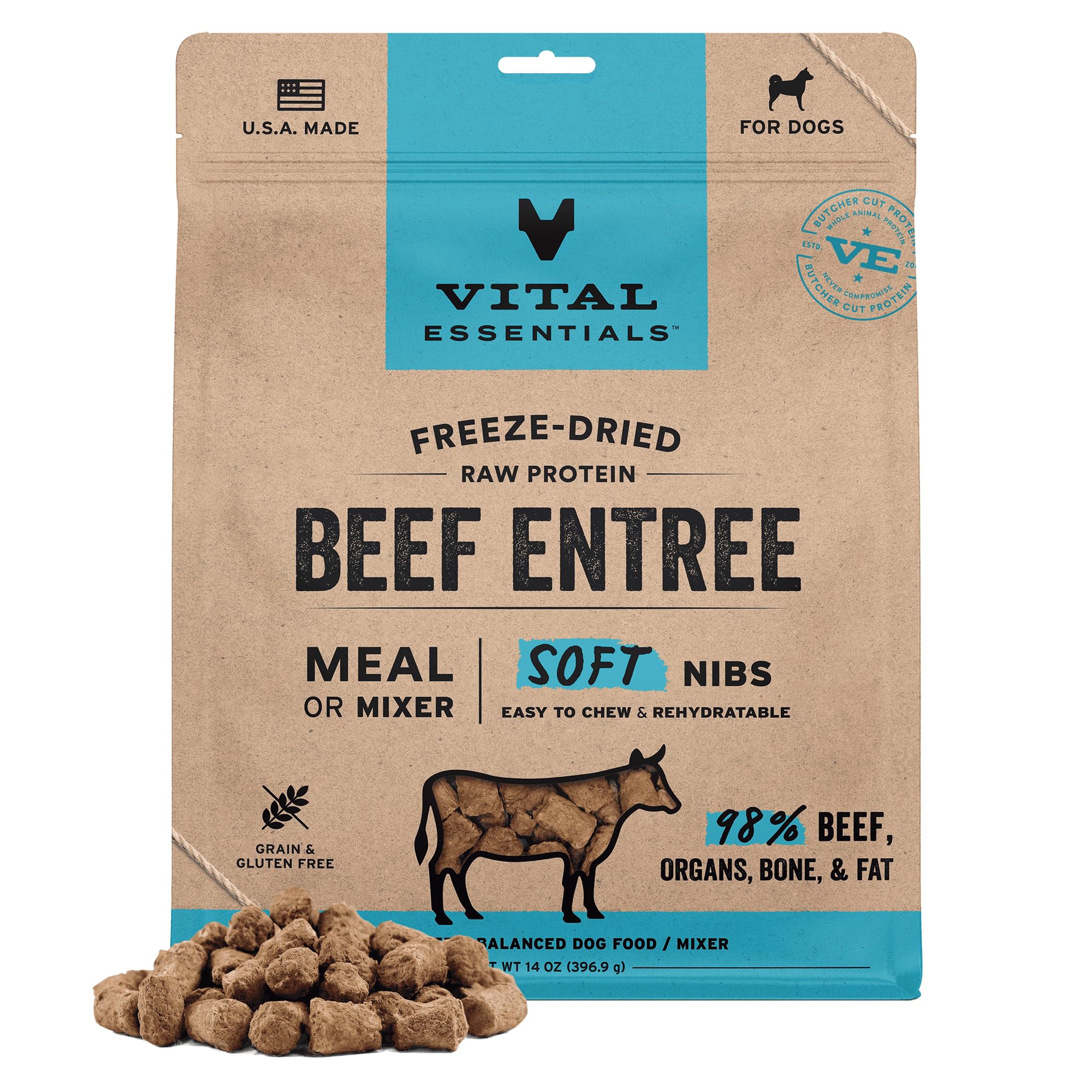 Vital Essentials Freeze Dried Dog Food, Beef Nibs, 14 oz Bag