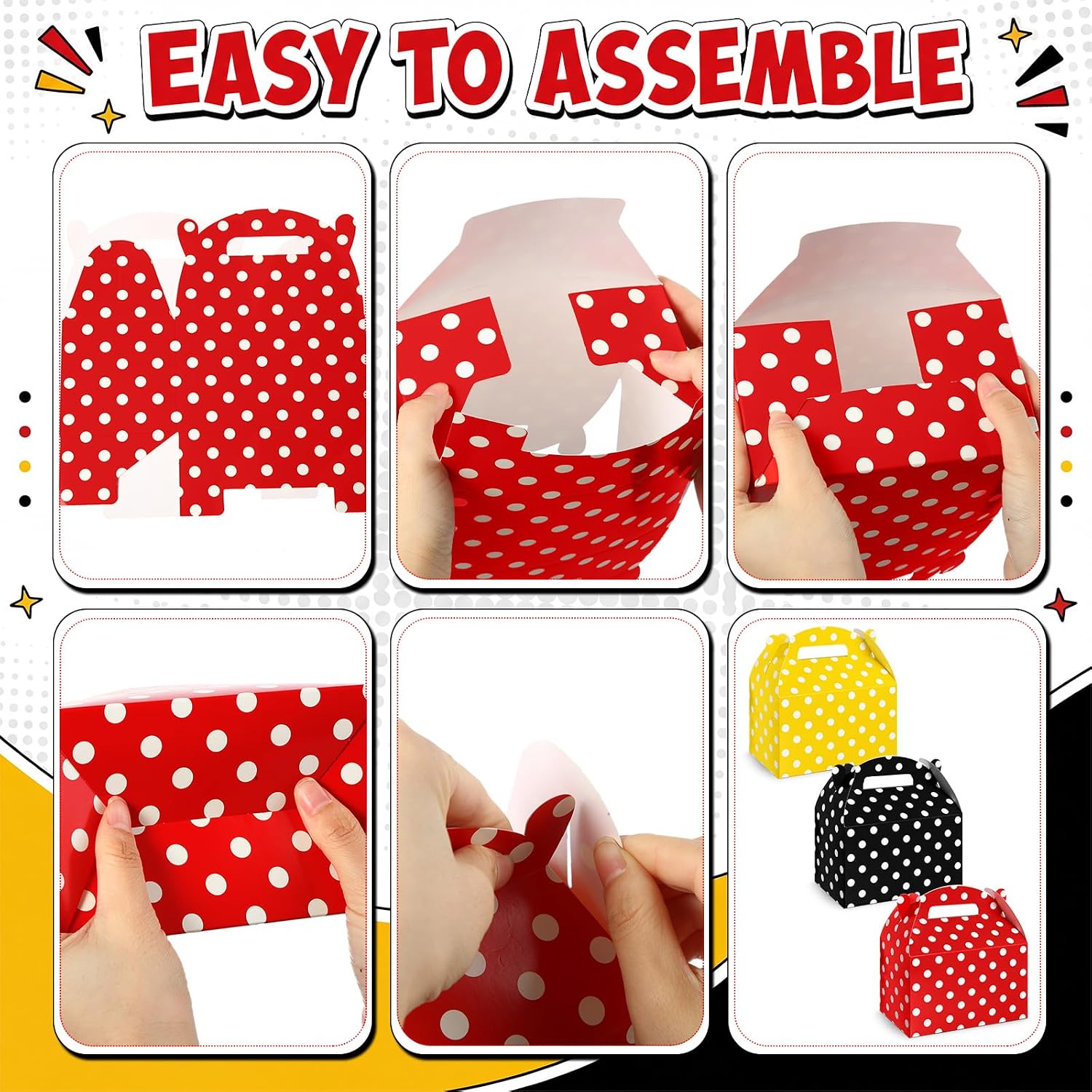 Sabary 24 Pack Mouse Gift Box with Handles Cartoon Mouse Party Favor | Red Black Yellow Polka Dot Candy Boxes, Mouse Candy Goodie Bags, Mouse Birthday Party Treat Boxes Bulk