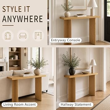 Fluted Console Table, 42 L X 30 H Soild Wood Narrow Console Table, Mid-Century Entryway Tables, Long Couch Table Behind Sofa for Living Room, Hallway (Oak)