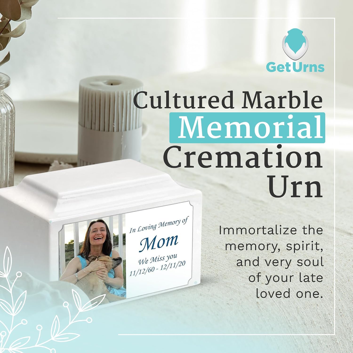GetUrns Cultured Marble Urn Vault by Mackenzie with Personalized Picture and Text for Human Ashes I Glacier White Adult Urns for Male and Female I 210lbs