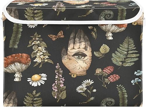 Miniatura 1 de Kigai Contenedores de almacenamiento con tapa de mano de bruja de hongos botánicos, cesta de almacenamiento plegable con doble asa, caja de