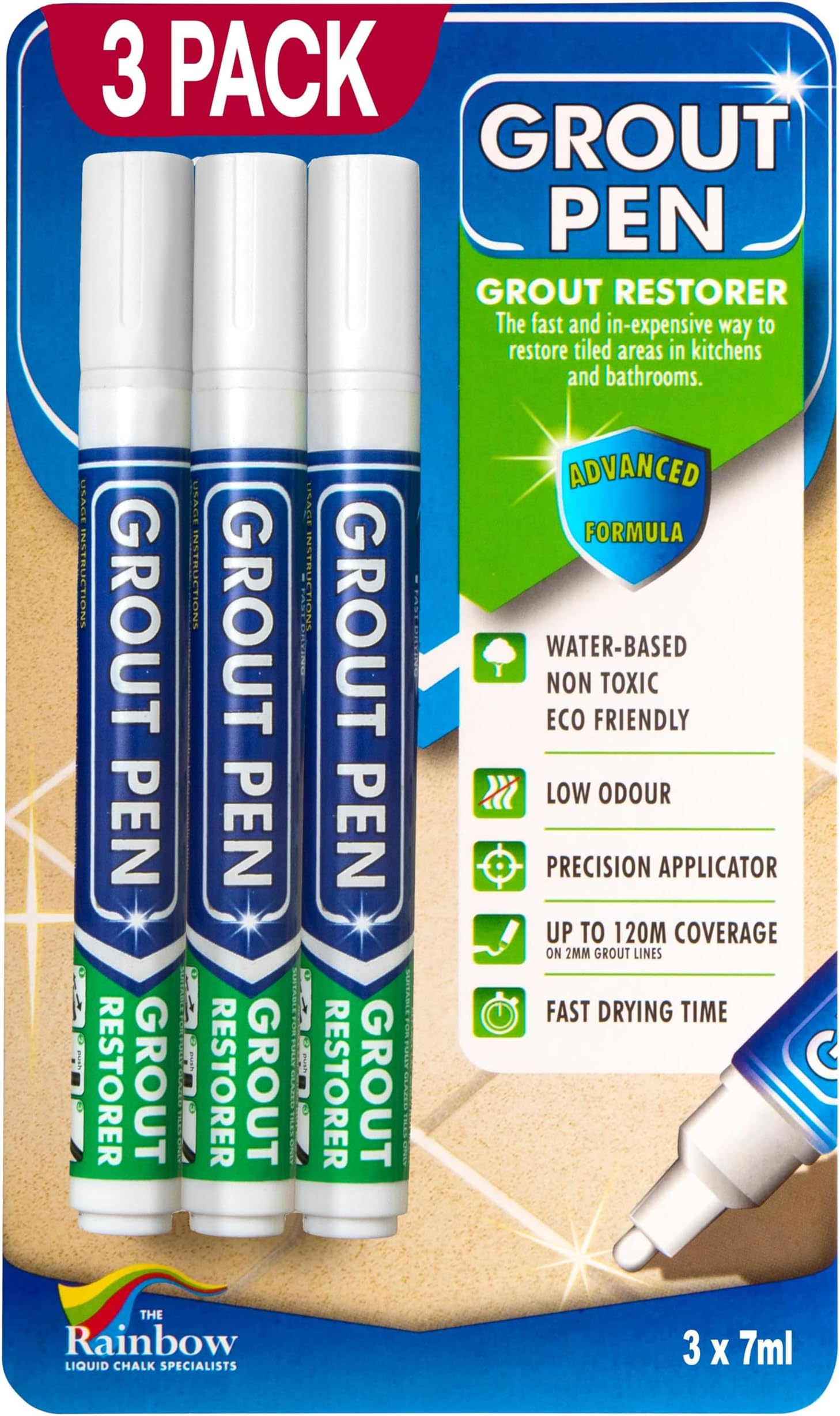 3 x White Grout Pens - Designed for Restoring Tile Grout in bathrooms & Kitchens