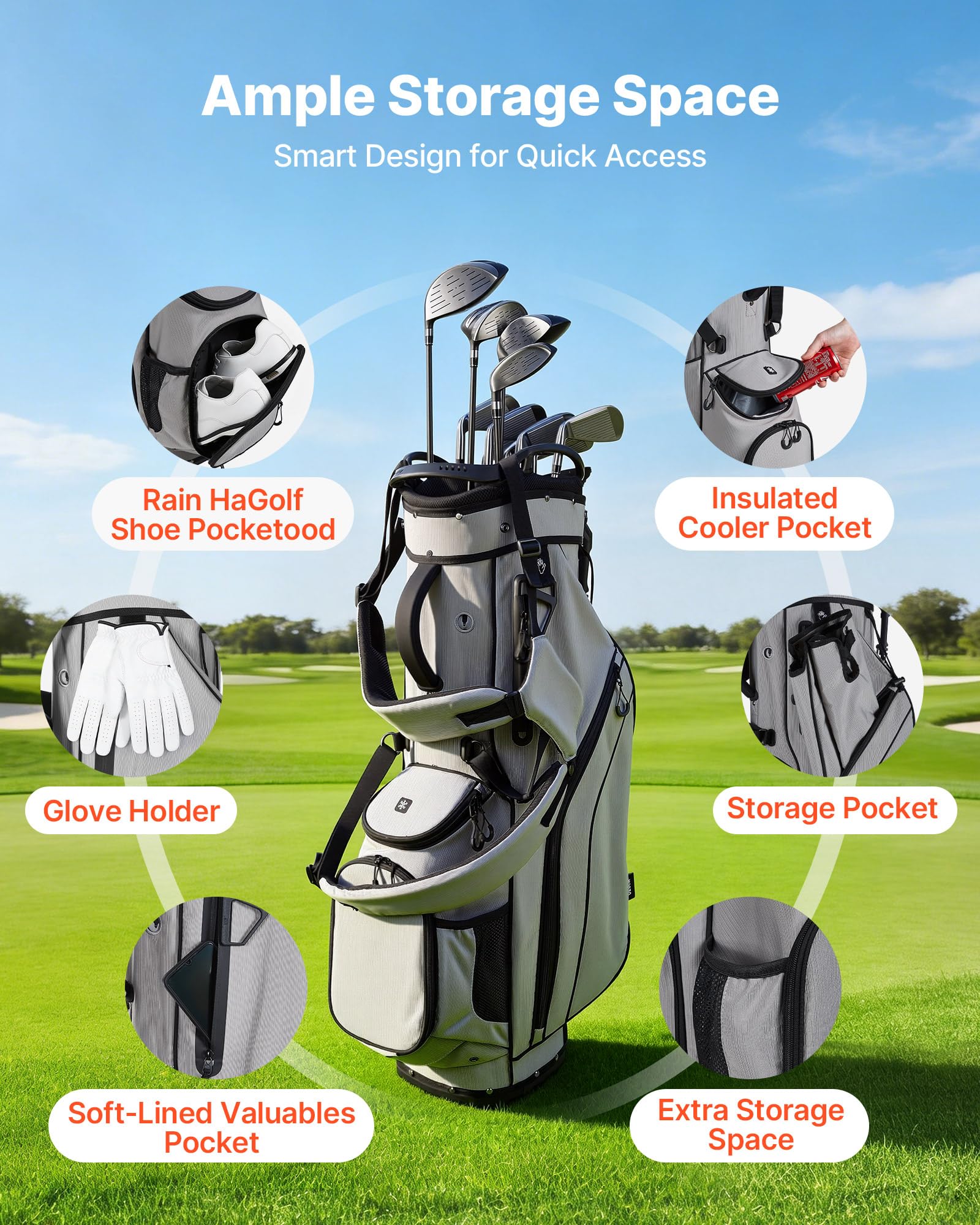 VEVOR Borsa da Golf Portaoggetti Mazze, Borsa da Golf con Supporto da Pavimento Tracolla Doppia Copertura Antipioggia, Materiale in Poliestere Rivestimento Interno in PU 210D 420 x 260 x 930 mm