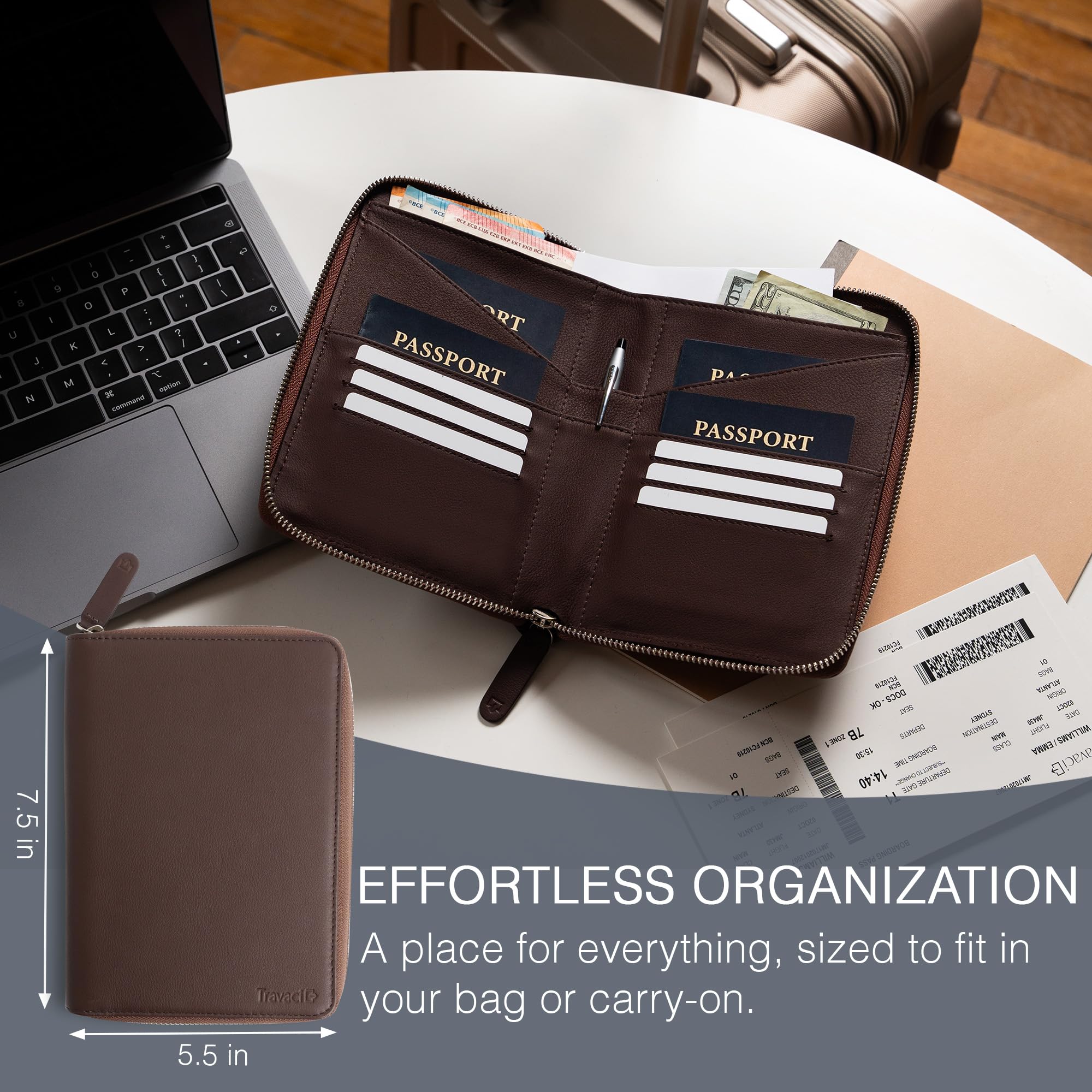 Porta passaporto in pelle pieno fiore per 2-4 passaporti, porta passaporto RFID e organizer per documenti da viaggio, grande portafoglio da viaggio in pelle per coppie e famiglie, Marrone scuro, 7.5 x