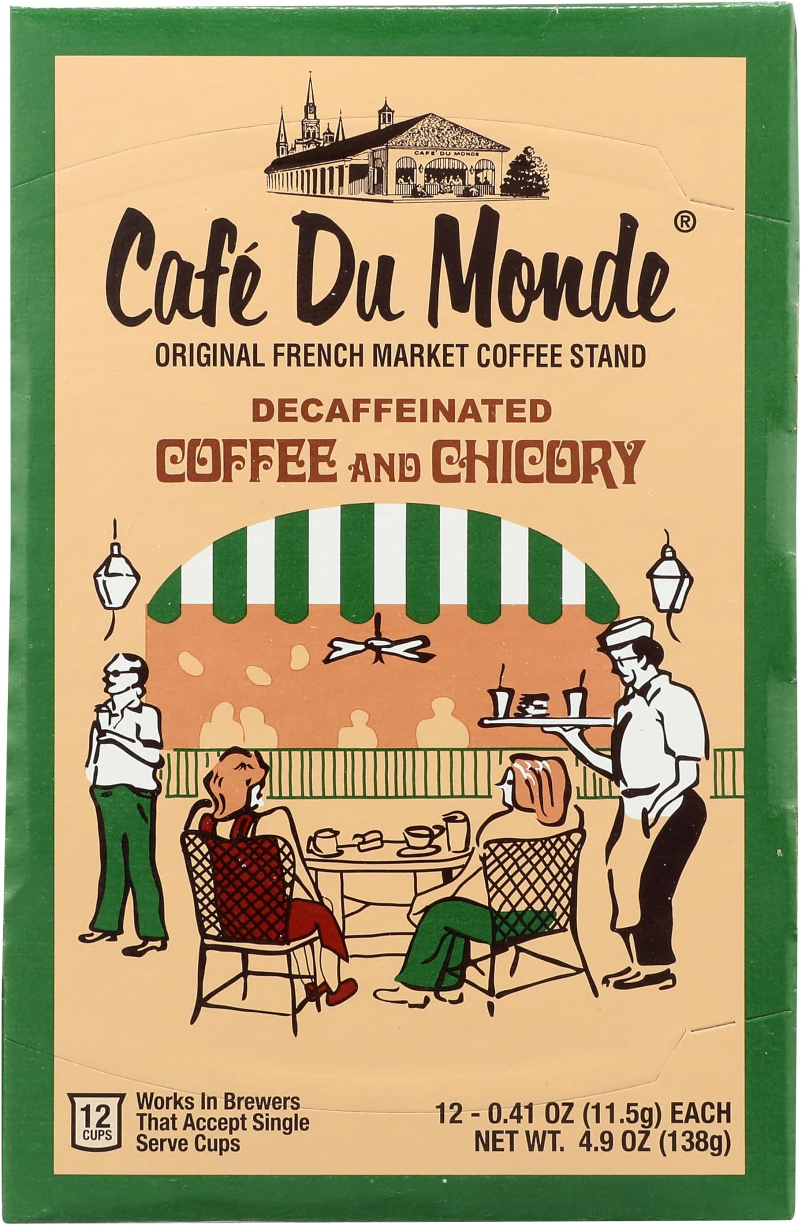 Cafe Du Monde Decaf Coffee and Chicory Single Serve Cups, Box of 12, .41 oz each