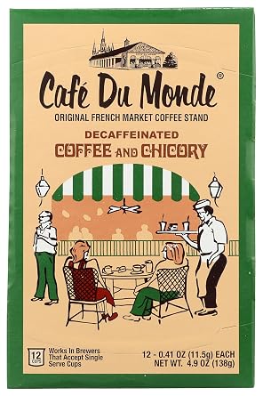 Cafe Du Monde Decaf Coffee and Chicory Single Serve Cups, Box of 12, .41 oz each