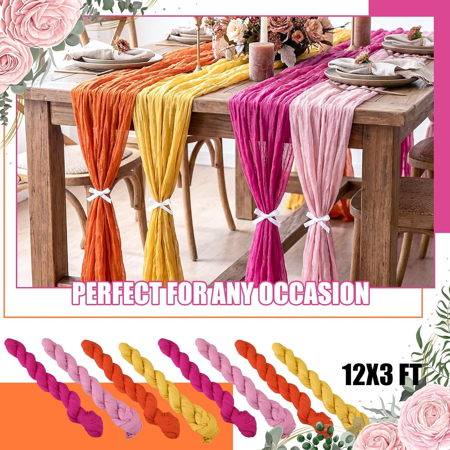 Remagr 12 Pcs Pink and Orange Party Cheesecloth Gauze Table Runners Boho Wedding Decor Rustic Sheer Runner for Wedding Table Bridal Shower Birthday Party Decorations