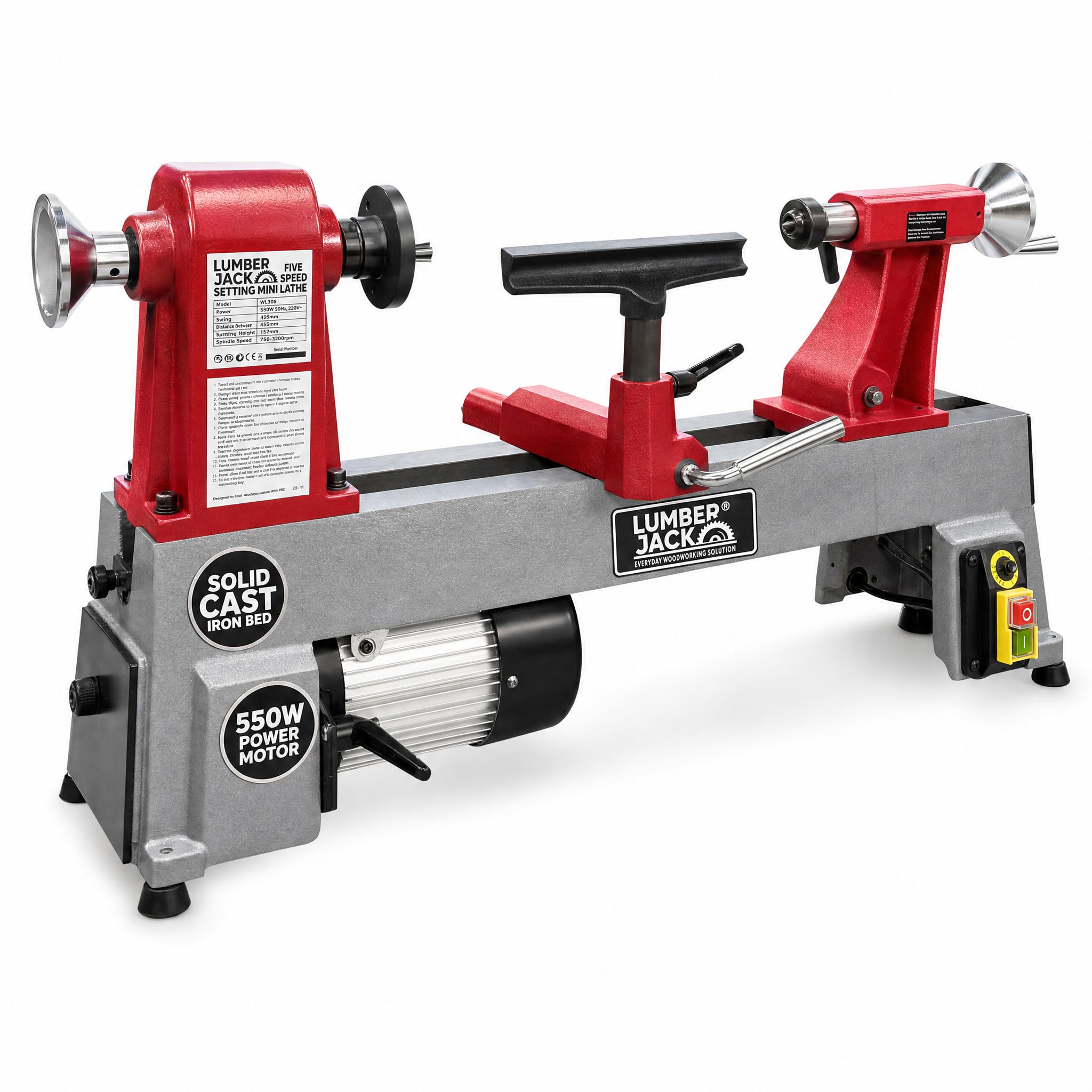 Lumberjack Mini Wood Lathe 550W Cast Iron 5 Speed 12in Woodturning Lathe 230V
