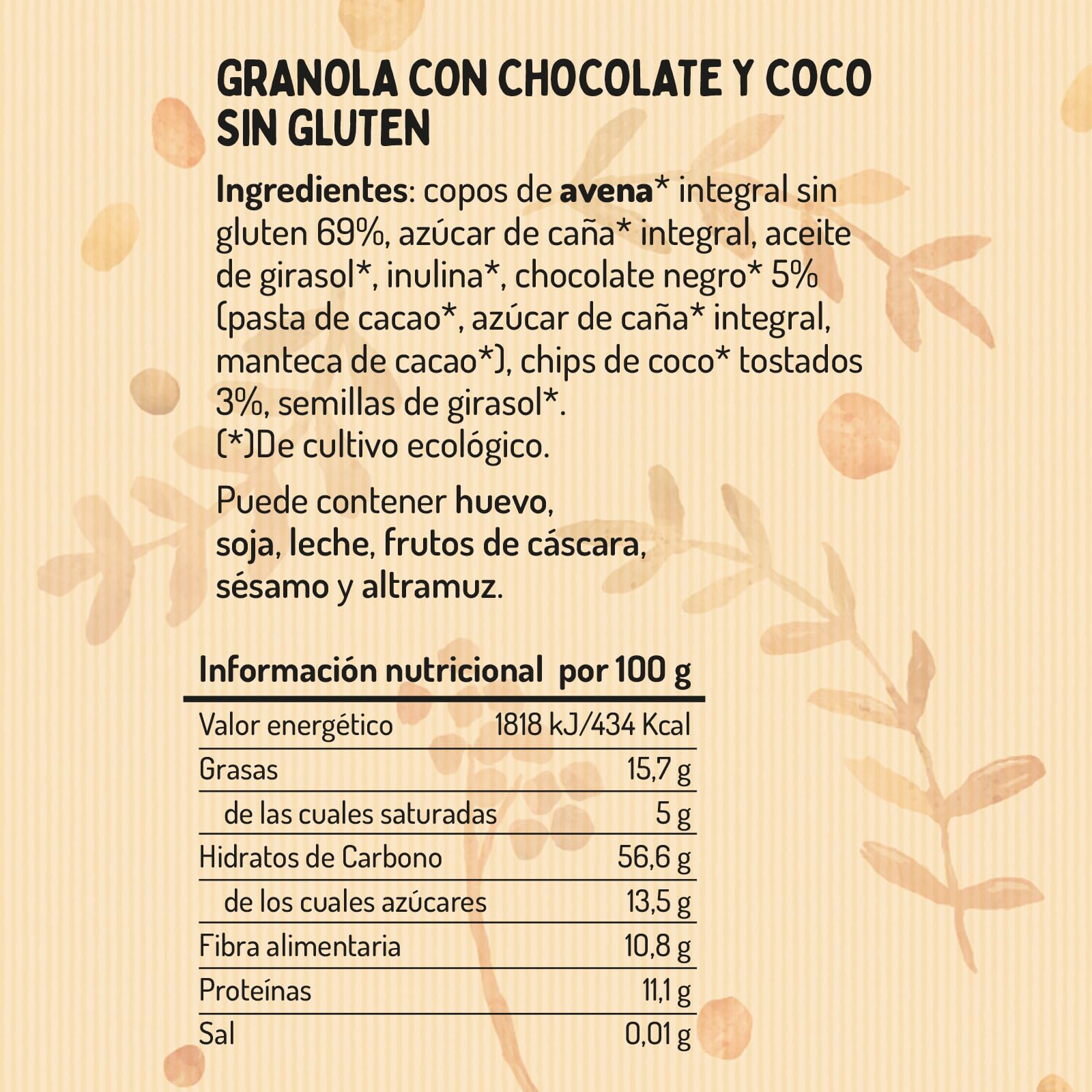 El Granero Integral - Granola con Chocolate y Coco sin Gluten BIO - 350 g - Fuente de Fibra y Nutrientes Esenciales - Mejora la Salud Intestinal - Ideal para el Desayuno - Apto para Veganos