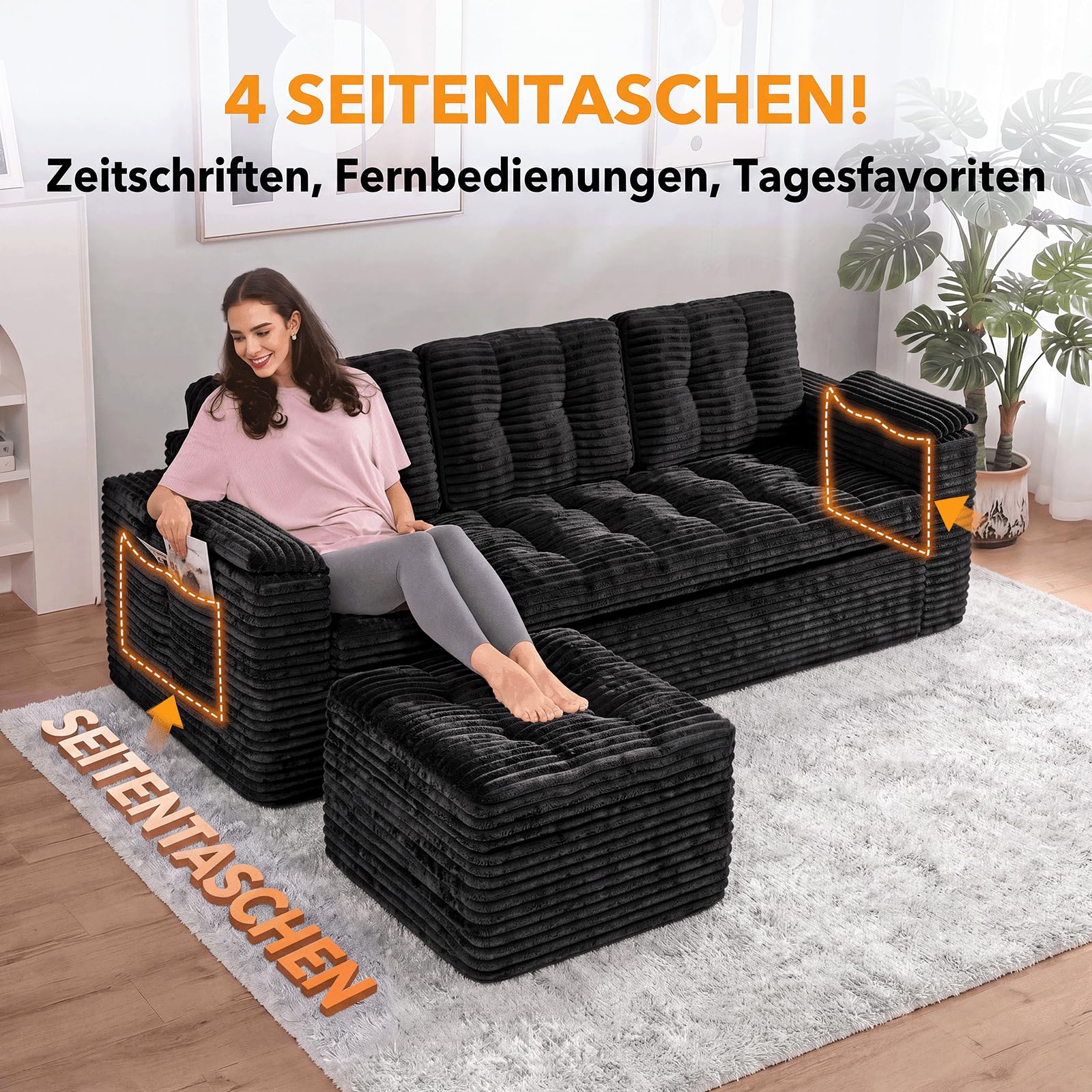 Fabulcozy 3-Sitzer Sofa 210 cm aus Cord mit Fußstütze, Seitentaschen, Armlehnenkissen und 3 Kissen inklusive, Bequeme Polsterung, für Wohnzimmer, Apartment,Schwarz
