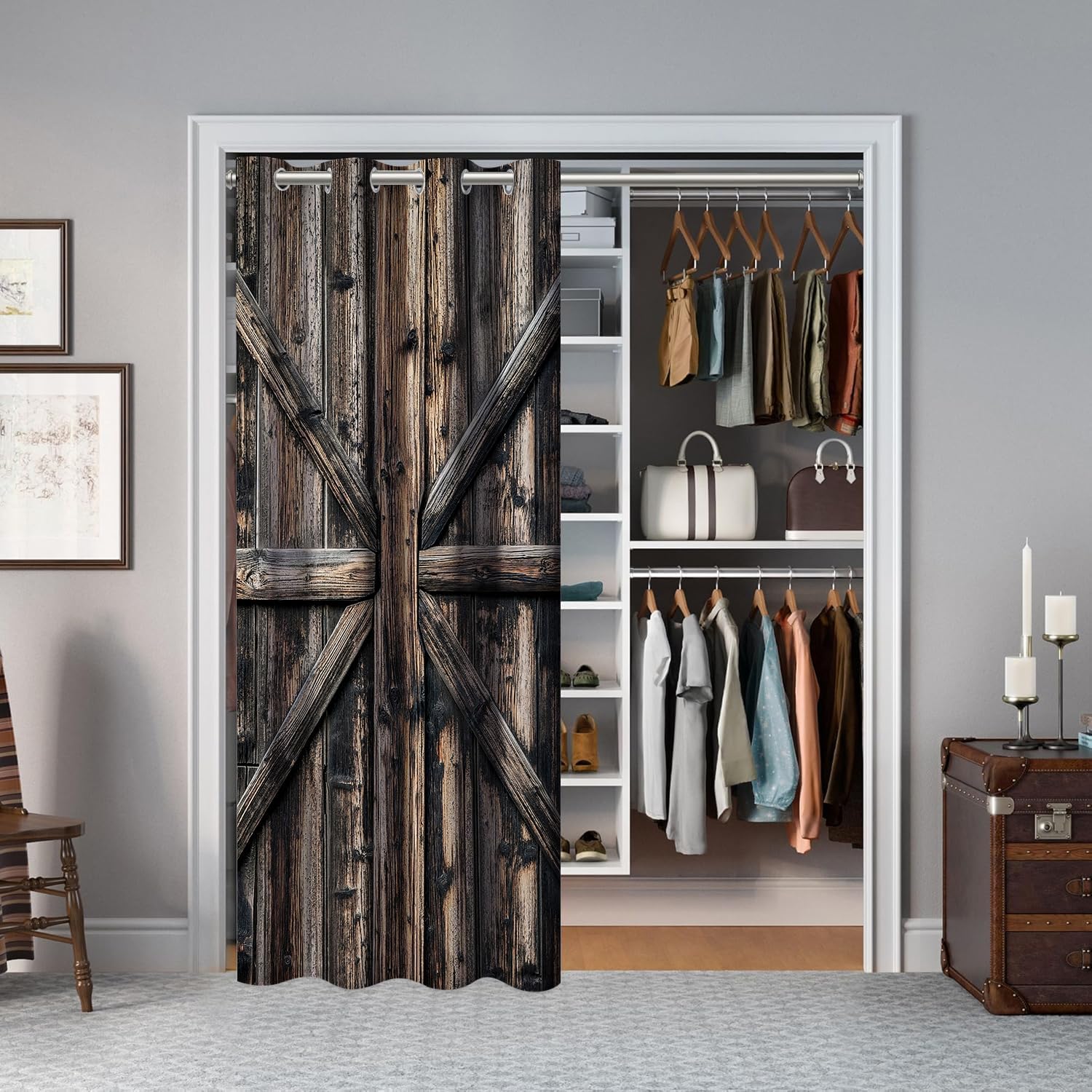 Wooden Barn Doors Door Curtains for Doorways, Rustic Farmhouse Art Wood Blackout Curtain for Kids Bedroom Closet, Grommet Thermal Insulated Privacy Door Drapes for Room Divider, 42" W x 80" L