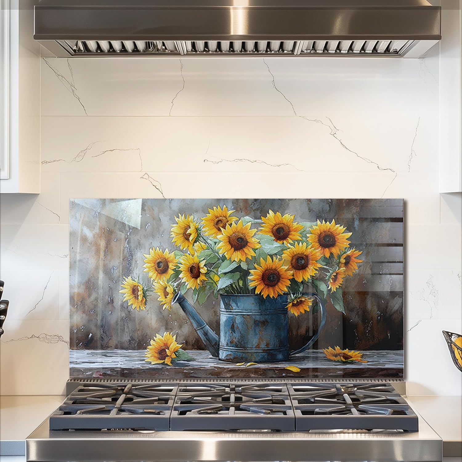 fzxwyishu Tempered Glass Backsplash for Kitchen,Stove Splashback Protector Sunflower Design | Heat-Resistant Splash Board, Kitchen Wall Decoration