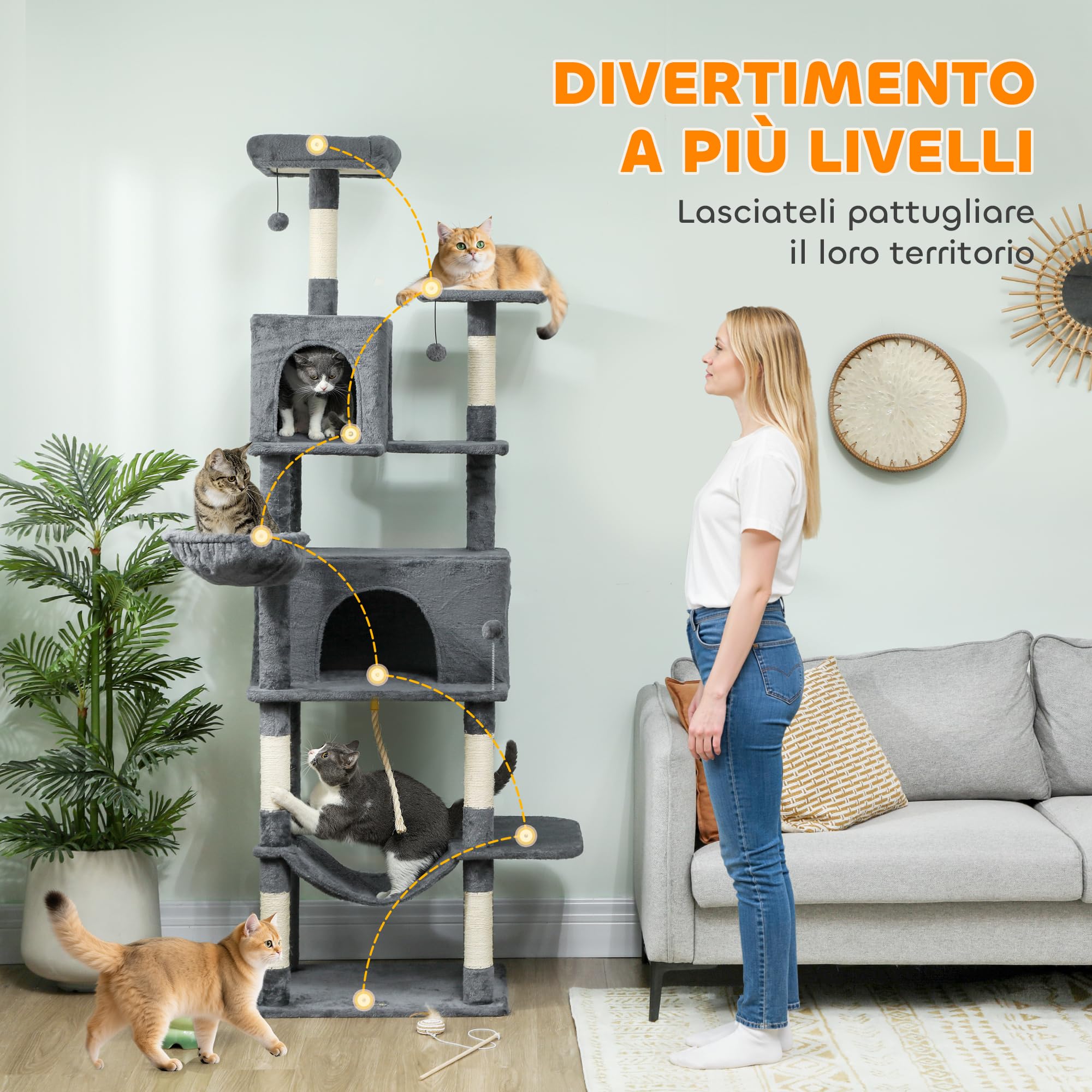 PawHut Tiragraffi per Gatti Alto 202 cm con 6 Pali Graffiatoi Grigio Scuro | Albero per Gatti, 2 Grotte, 2 Cucce, Amaca, 3 Pompon, Piattaforma e Corda, Torre per Gattini, Peluche, Per Gatti Adulti