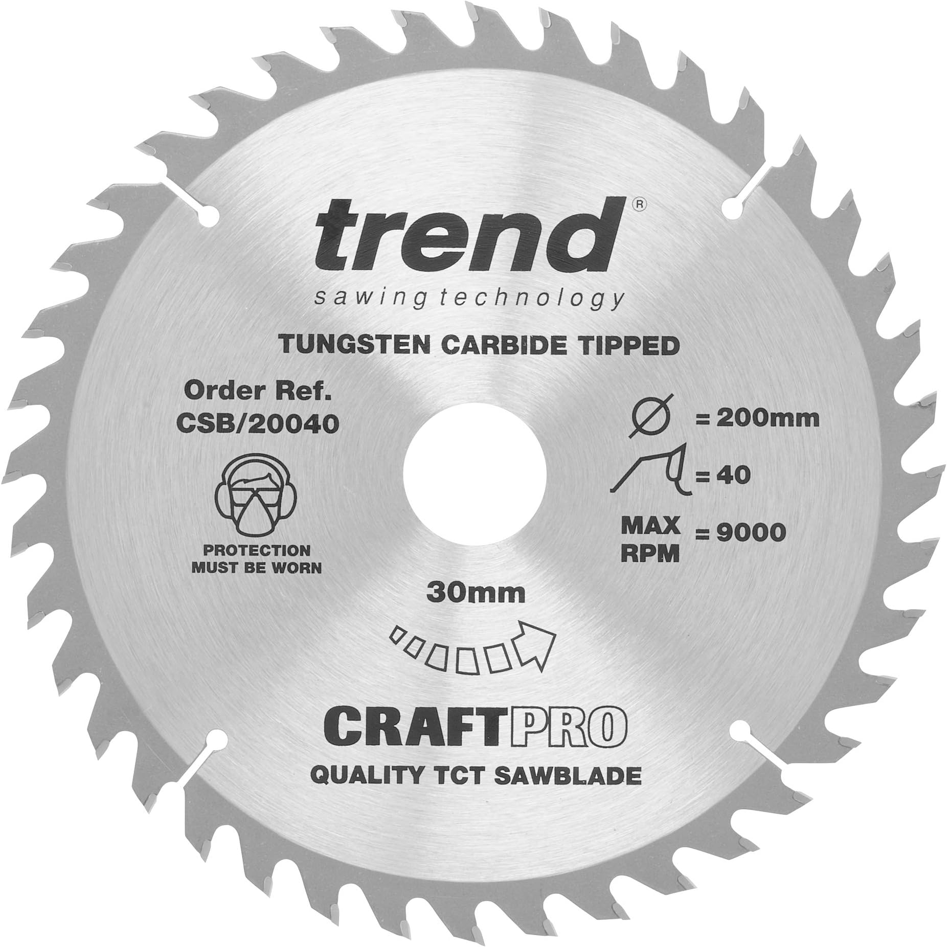 Trend Wood Table Saw Blade, 200mm Diameter, 30mm Bore, 40 Teeth, 2.6mm Kerf, +15° Hook, TCT, Medium Finish, CSB/20040
