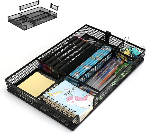 2 PCS Desk Drawer Organizer, 4 to 6 Grid Office Drawer Divider with 2 Adjustable Compartments, Metal Mesh Desktop Organization for Stationery Makeup Kitchen Toolroom School &Office, 12.6x8.26x1.57 in