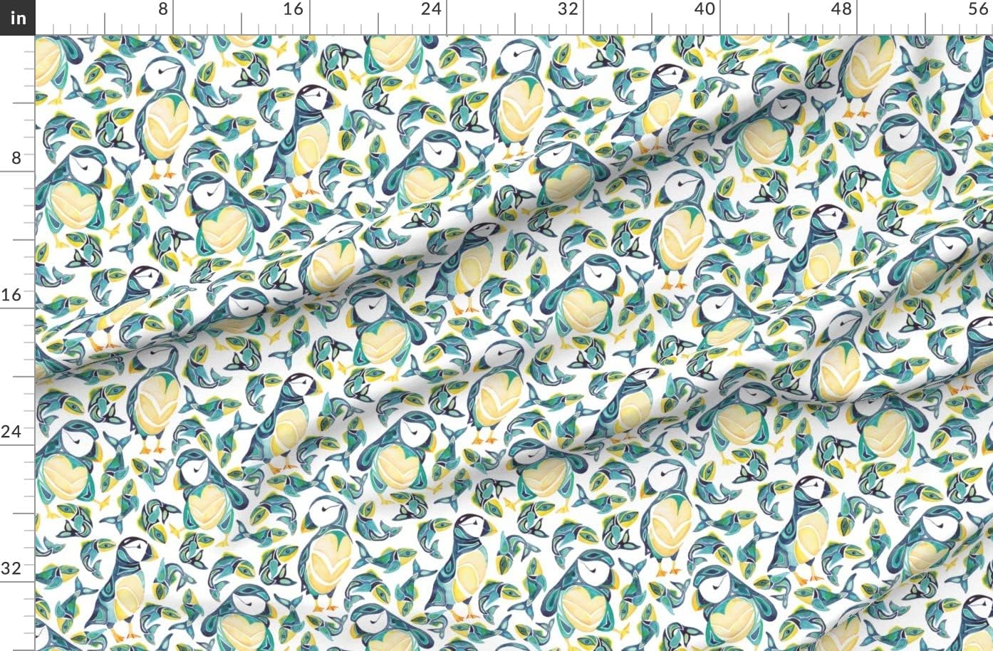 Spoonflower Fabric - Puffin Party Geometric Fish Boy Wildlife Puffins Art Tattoo Printed on Organic Cotton Sateen Fabric by The Yard - Sewing Quilting Apparel Home Decor