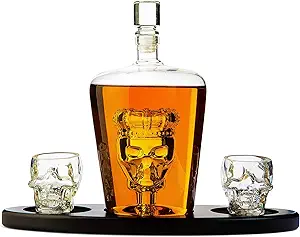 Skull Decanter, Skeleton Whiskey, Tequila & Wine Decanter Set 750 mL With 2 Skull Head 3oz Shot Glasses + Mahogany Wooden Base Decor Glass, Goth Spooky Drinking Glassware - Skull Barware