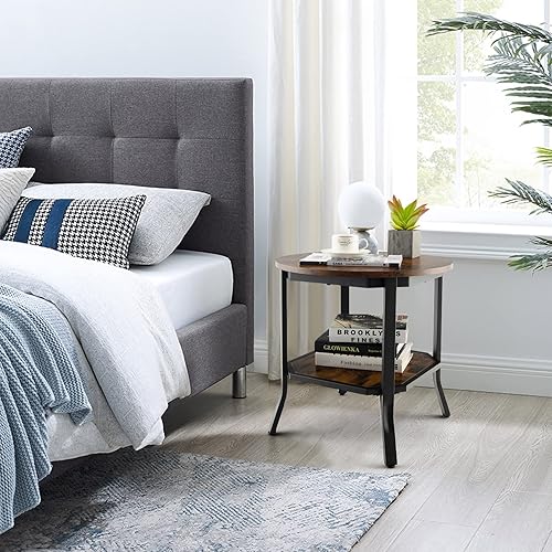 Miniatura 4 de Tangkula Mesa auxiliar redonda vintage, mesa auxiliar industrial de 2 niveles con estante de almacenamiento y marco de acero, mesa de té compacta