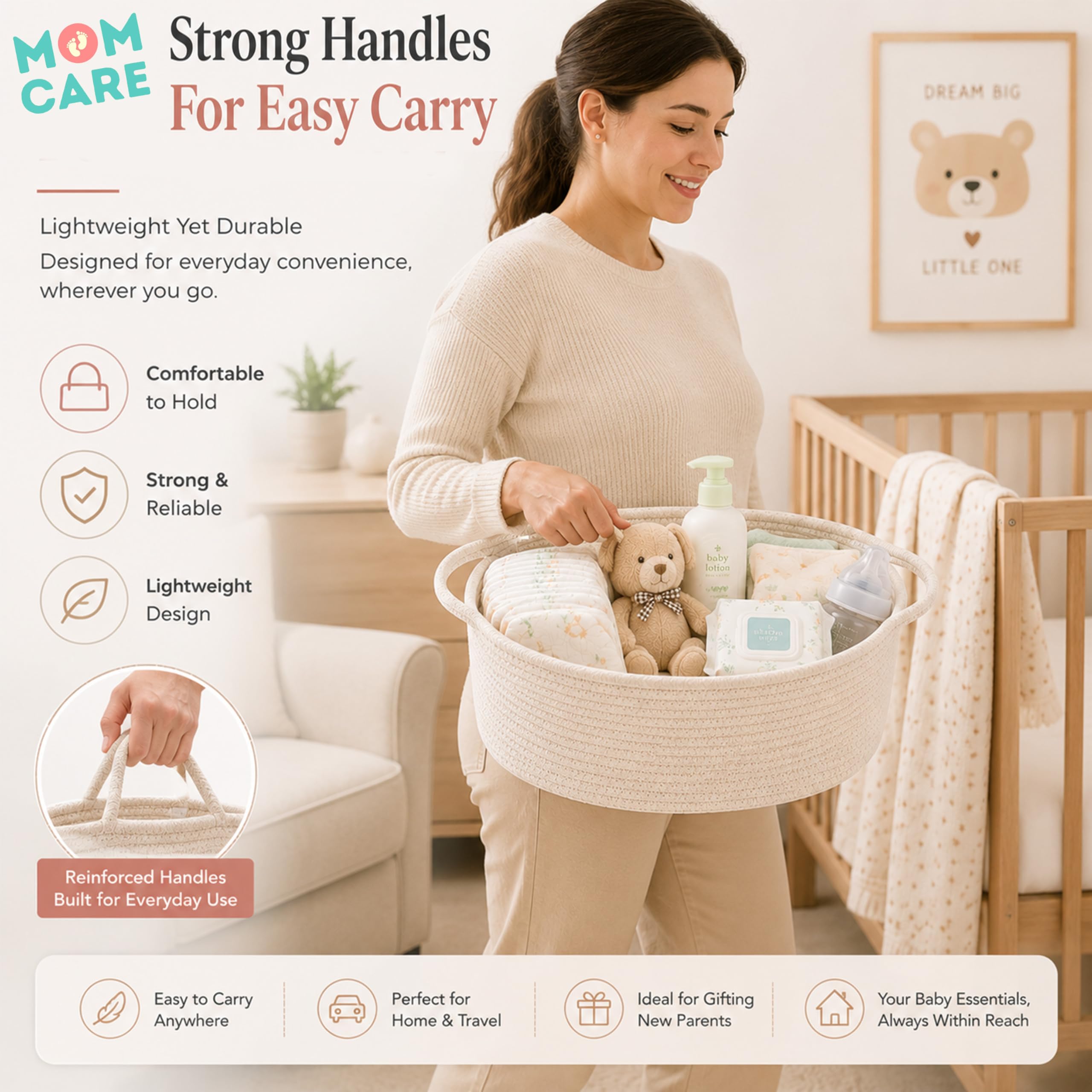 MOM CARE Cotton Rope Diaper Caddy Organizer for Baby Essentials | Nursery Storage Basket with Handles | Foldable Baby Organizer Bin for Diapers, Toys, Clothes & Nursery Storage | White 4