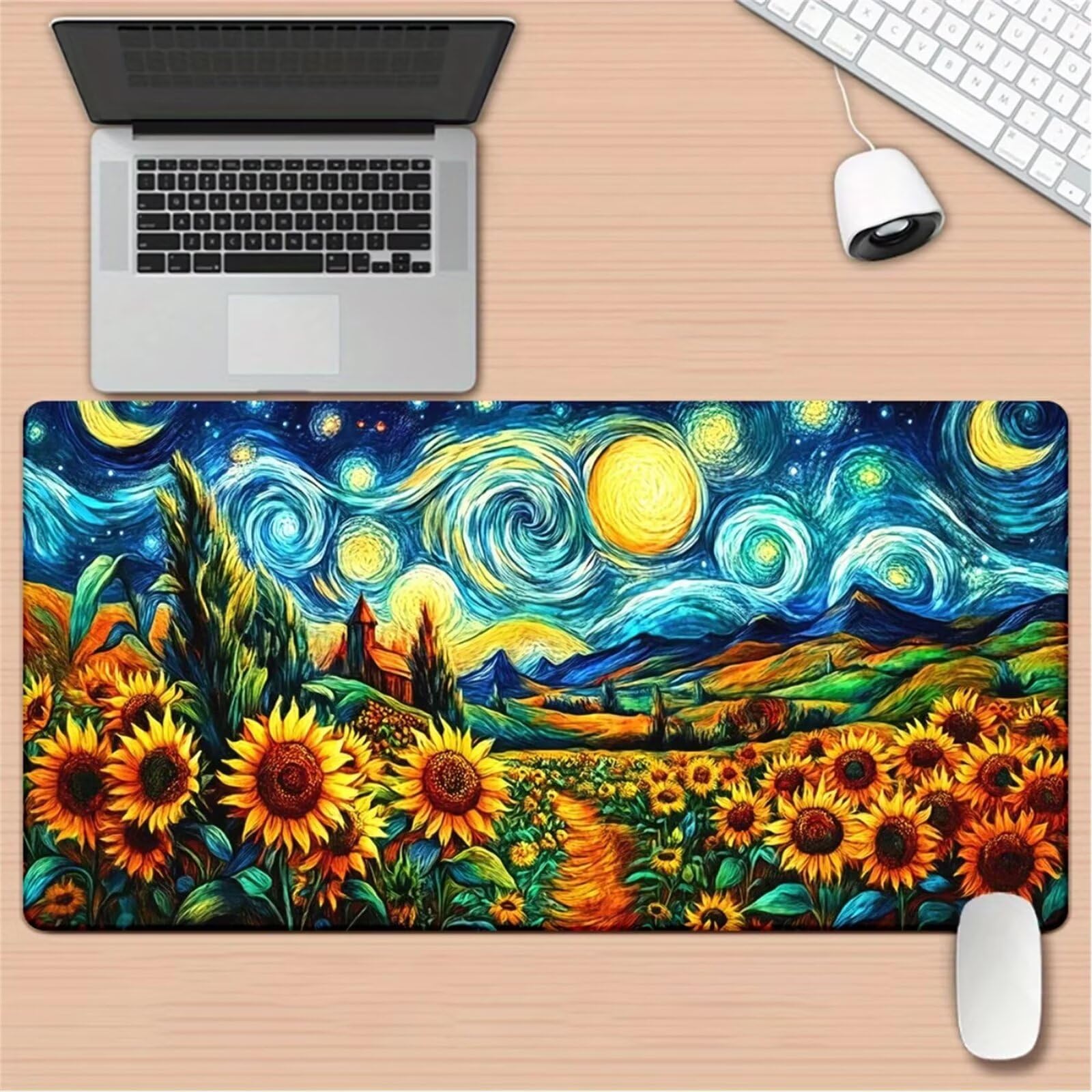 Tappetino Mouse XXL 1200 x 600 x 3mm Tappetini per Mouse Gaming Girasoli Cielo Stellato | Base Antiscivolo Tracciamento Ad Alta Precisione per Computer e Ufficio