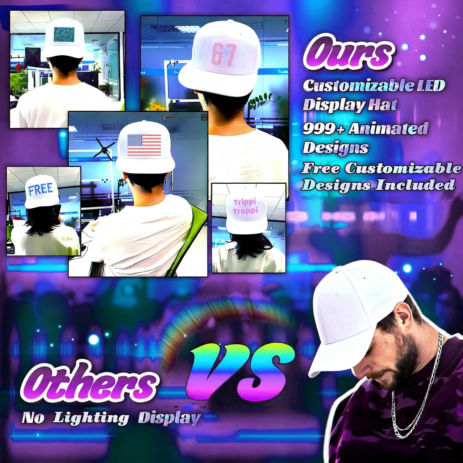 Programmable LED Hat Display Light Up Baseball Cap with Bluetooth, DIY Customizable LED Scrolling Messages