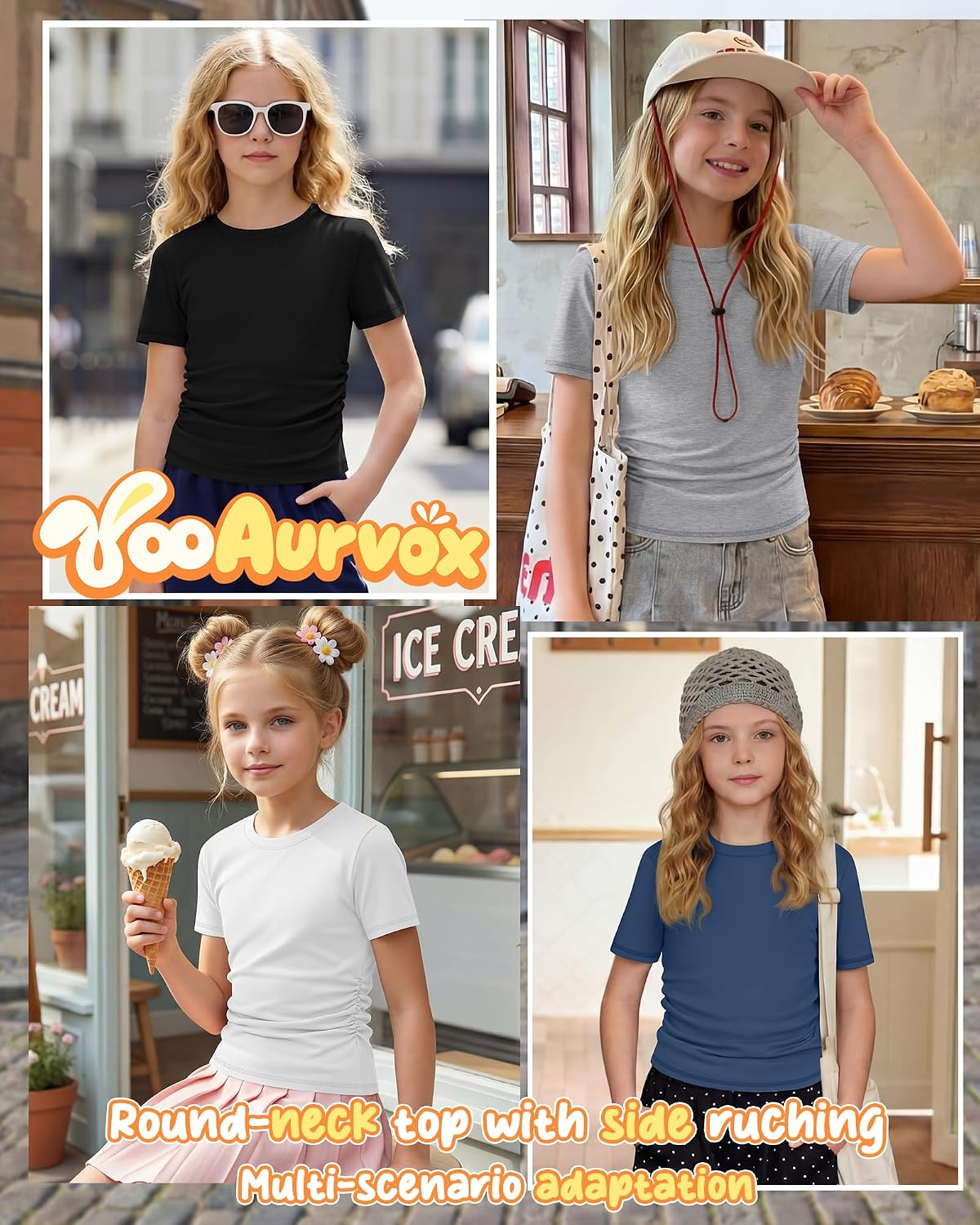 4 Pack Girls Short Sleeve T-Shirts Kids Crewneck Ruched Side Shirts Slim Fit Casual Summer Basic Tees 5-14 Years