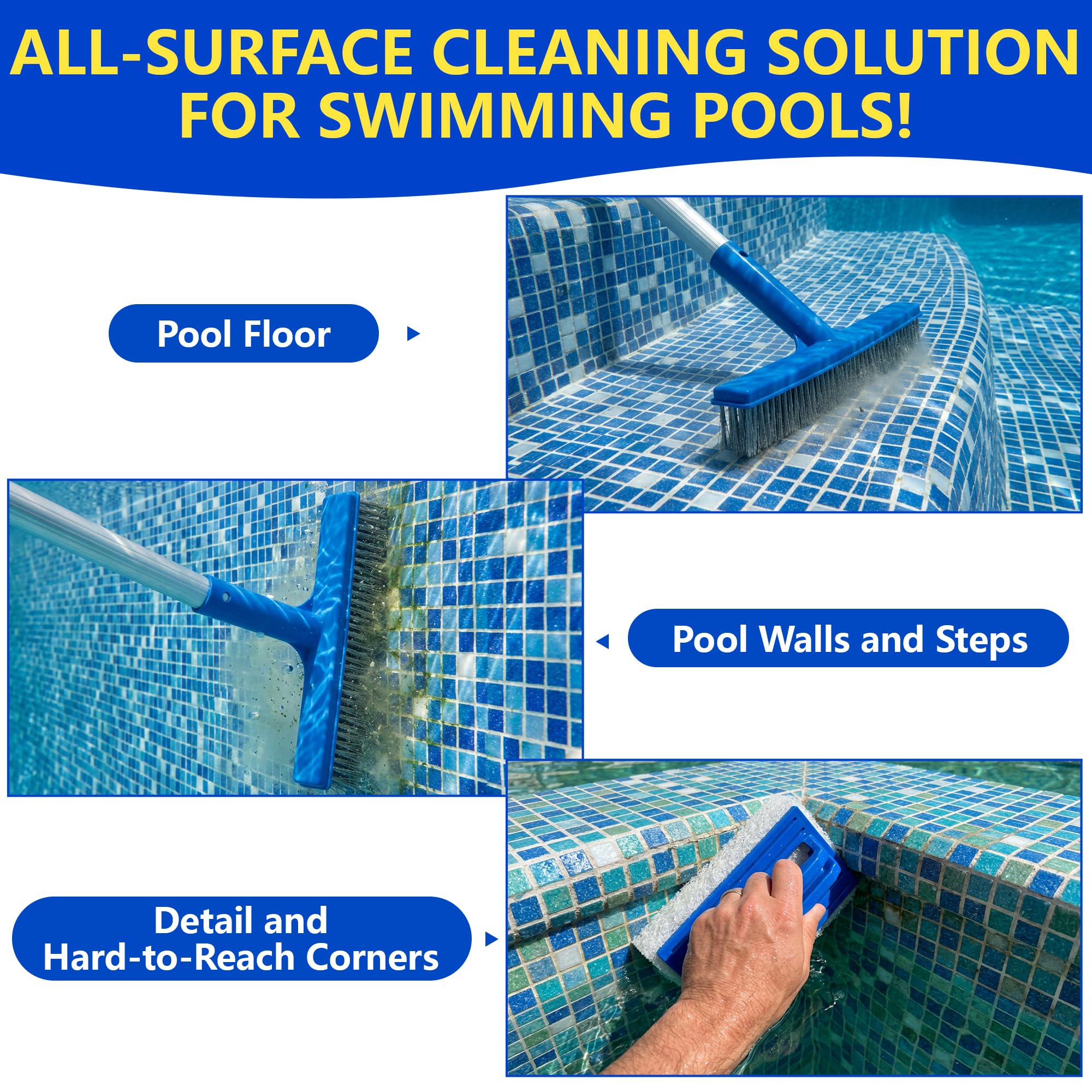 Poolbürste Set - Pool Reinigungsbürste und Pool Schwamm Bürste - Edelstahl Poolbürste Mit Griff Schwimmbadbürste für Folienpool Whirlpool Wände, Böden,Tegels