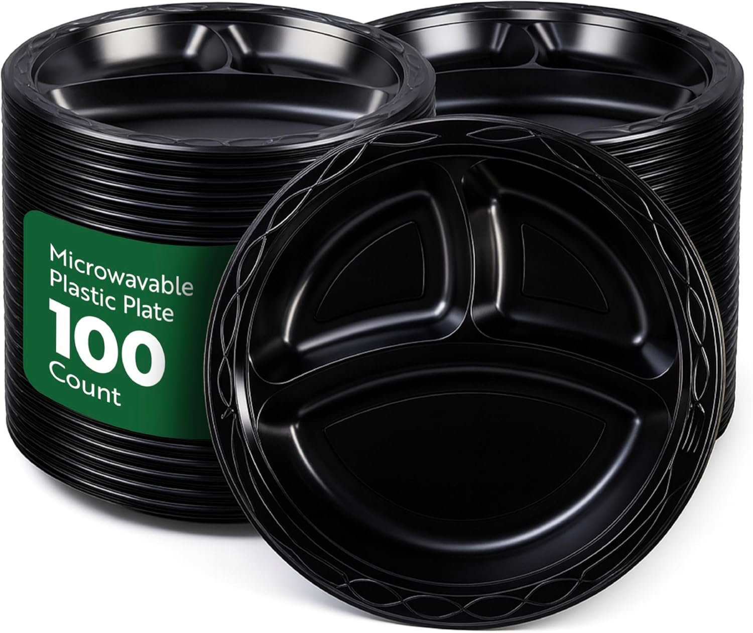 RW Base 9 Inch Microwavable Food Plates, 100 Round Plastic Plates - 3 Compartments, Disposable, Black Plastic Dinner Plates, Serve Hot And Cold Foods, For Restaurants And Cafes - Restaurantware
