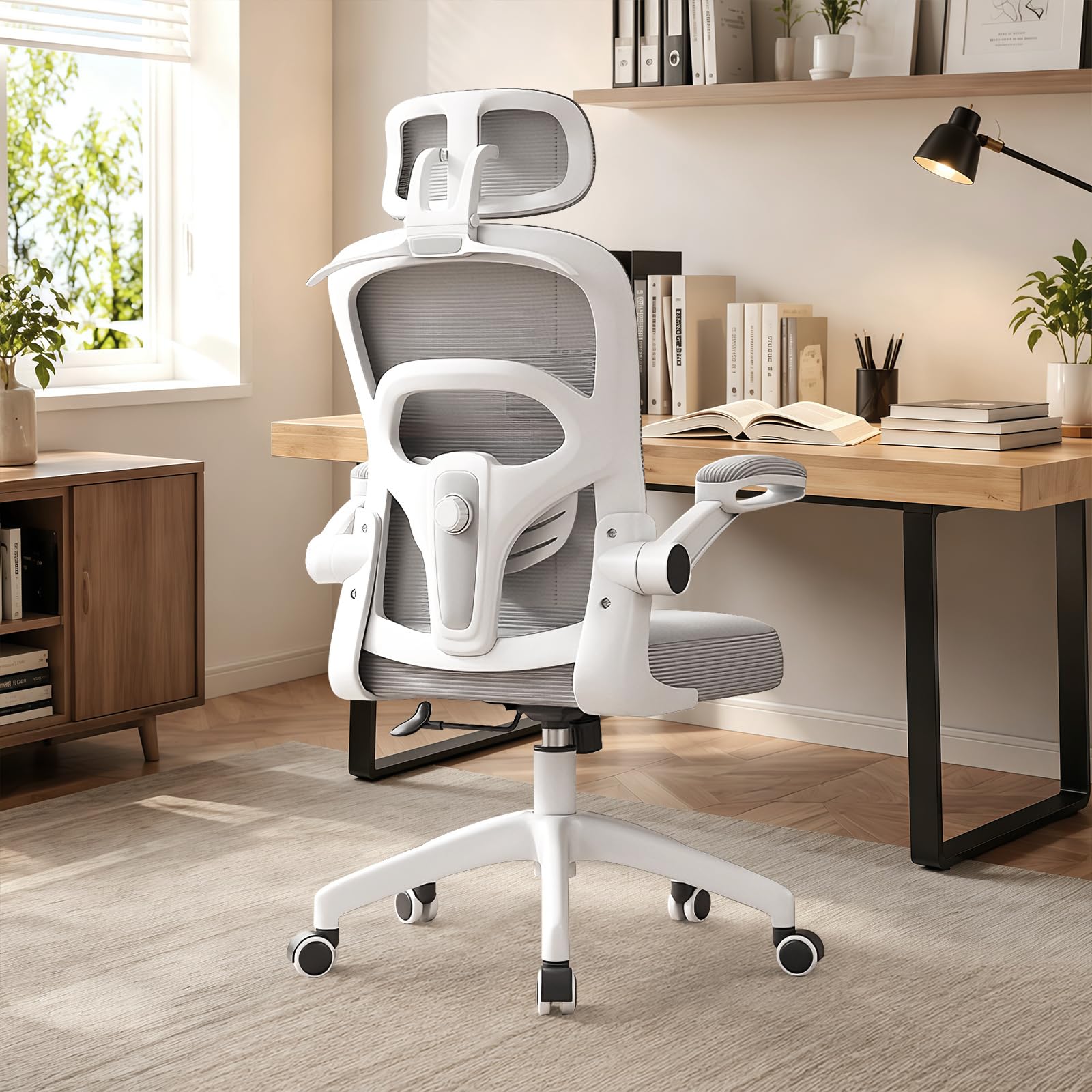 WXJHL Ergonomic Office Chair, Height Adjustable Desk Chair – Swivel Chairs with Foldable Armrests, Breathable Mesh, Adjustable Headrest and Lumbar Support – for Home Office, Grey
