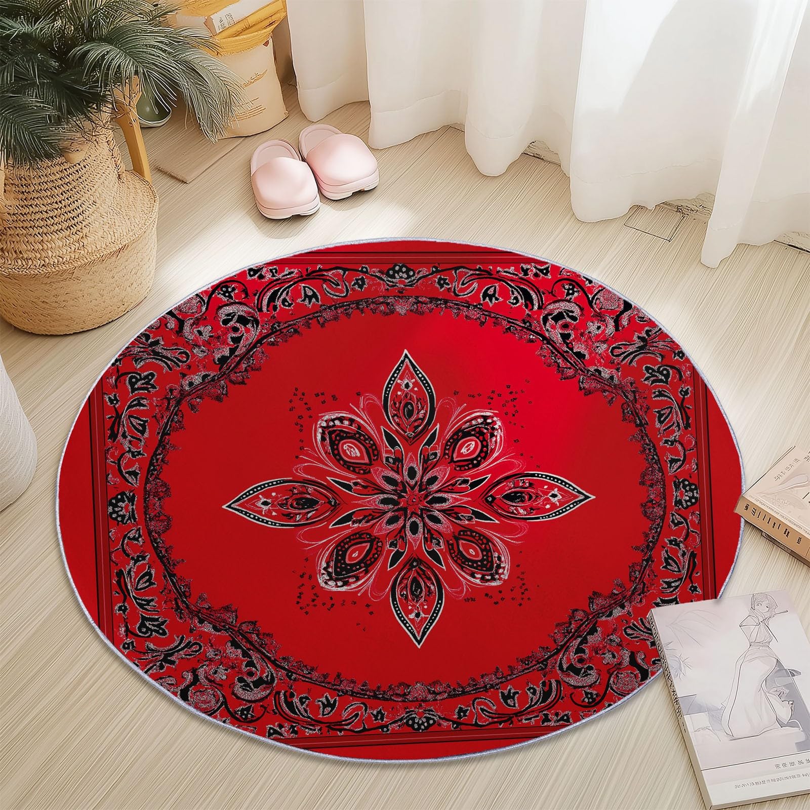 Rugs Living Room Round 120 cm Vintage Paisley Flowers Red Washable Circle Area Rugs, Bedroom Carpet Round Short Pile Anti Slip for Dining Room Kids Room Hallway