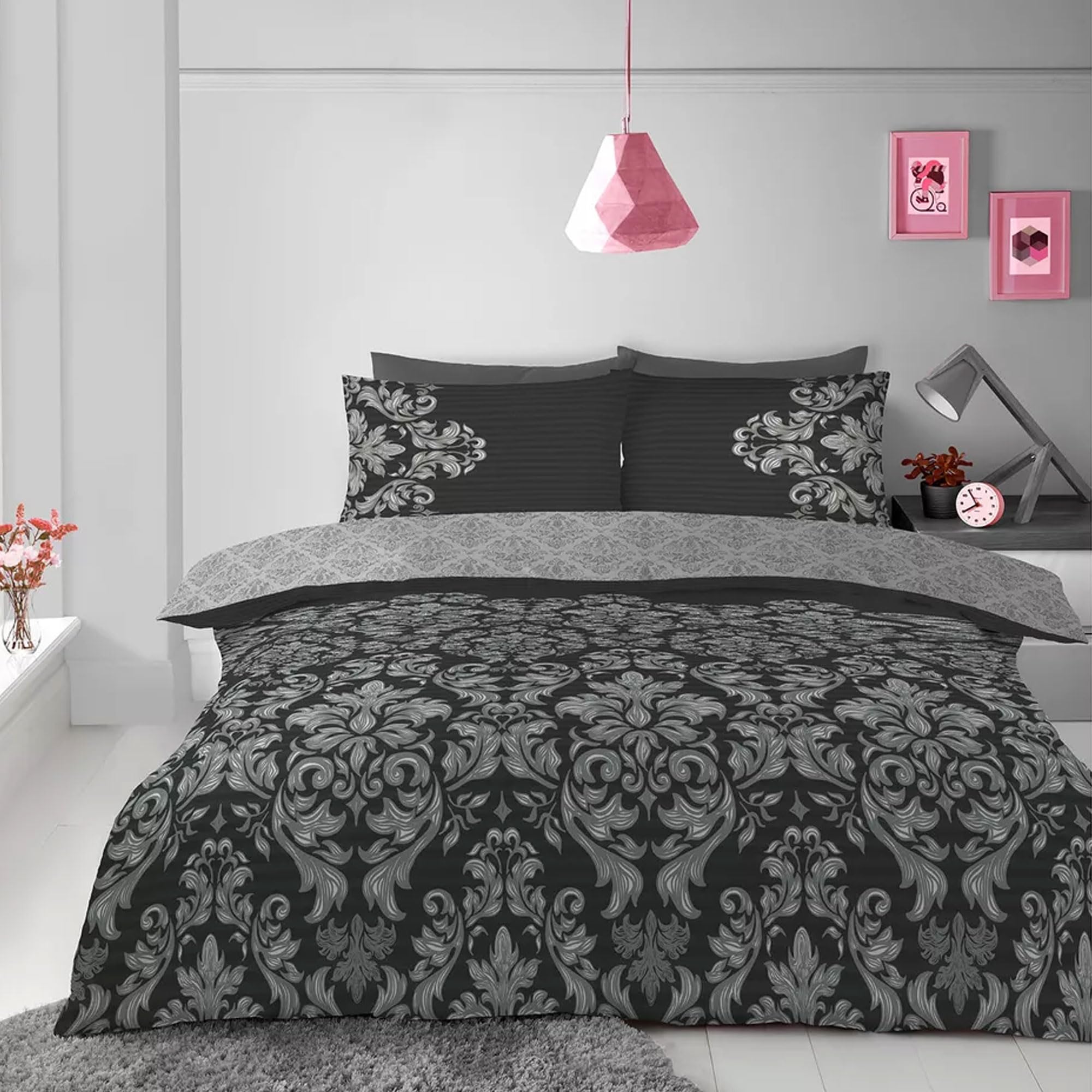 Lions Black Damask Bedding - Double Duvet Covers Set With Matching Pillowcase, Poly Cotton Reversible Quilt Cover Bed Sets, Easy Care, 200X200cm
