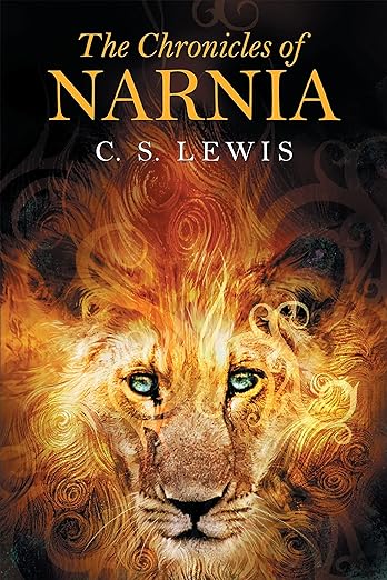 Cover of "The Chronicles of Narnia" by C.S. Lewis. Features a lion with intense blue eyes, surrounded by fiery, swirling patterns on a dark background.