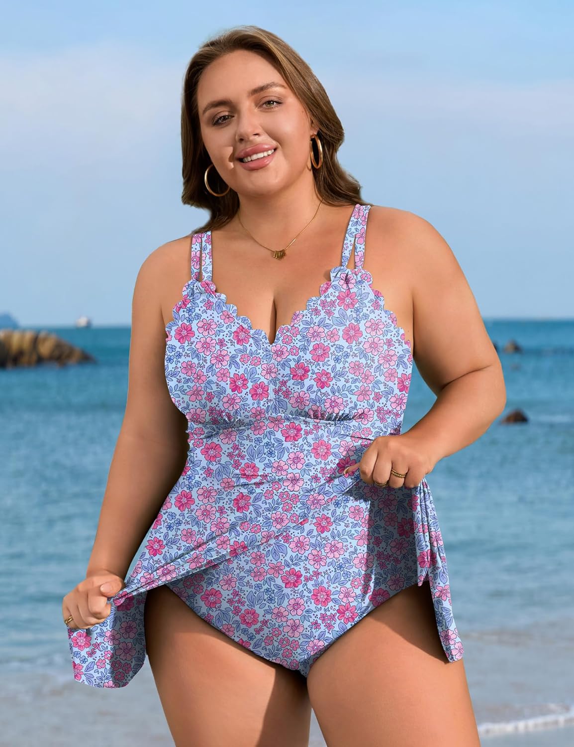 Charmo Plus Size Swimsuit for Women Swim Dress Scalloped One Piece Tummy Control Bathing Suit Ruched Swim Suits 2025 - Image 3