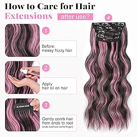 ALXNAN Clip in Long Wavy Synthetic Hair Extension 20 Inch Black Mix Pink Highlights 4PCS Thick Hairpieces Fiber Double Weft Hair for Women