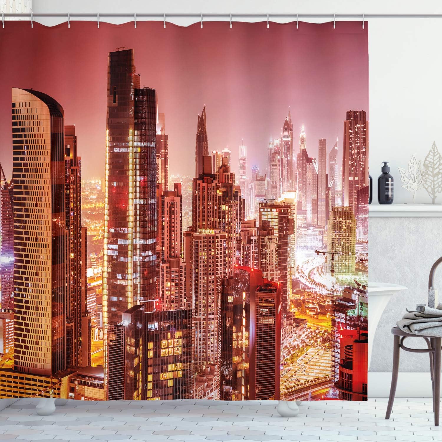 Ambesonne Cityscape Shower Curtain, Dubai at Night Cityscape with Tall Skyscrapers Panorama Picture Peninsula, Cloth Fabric Bathroom Decor Set with Hooks, 69" W x 70" L, Pink Ombre