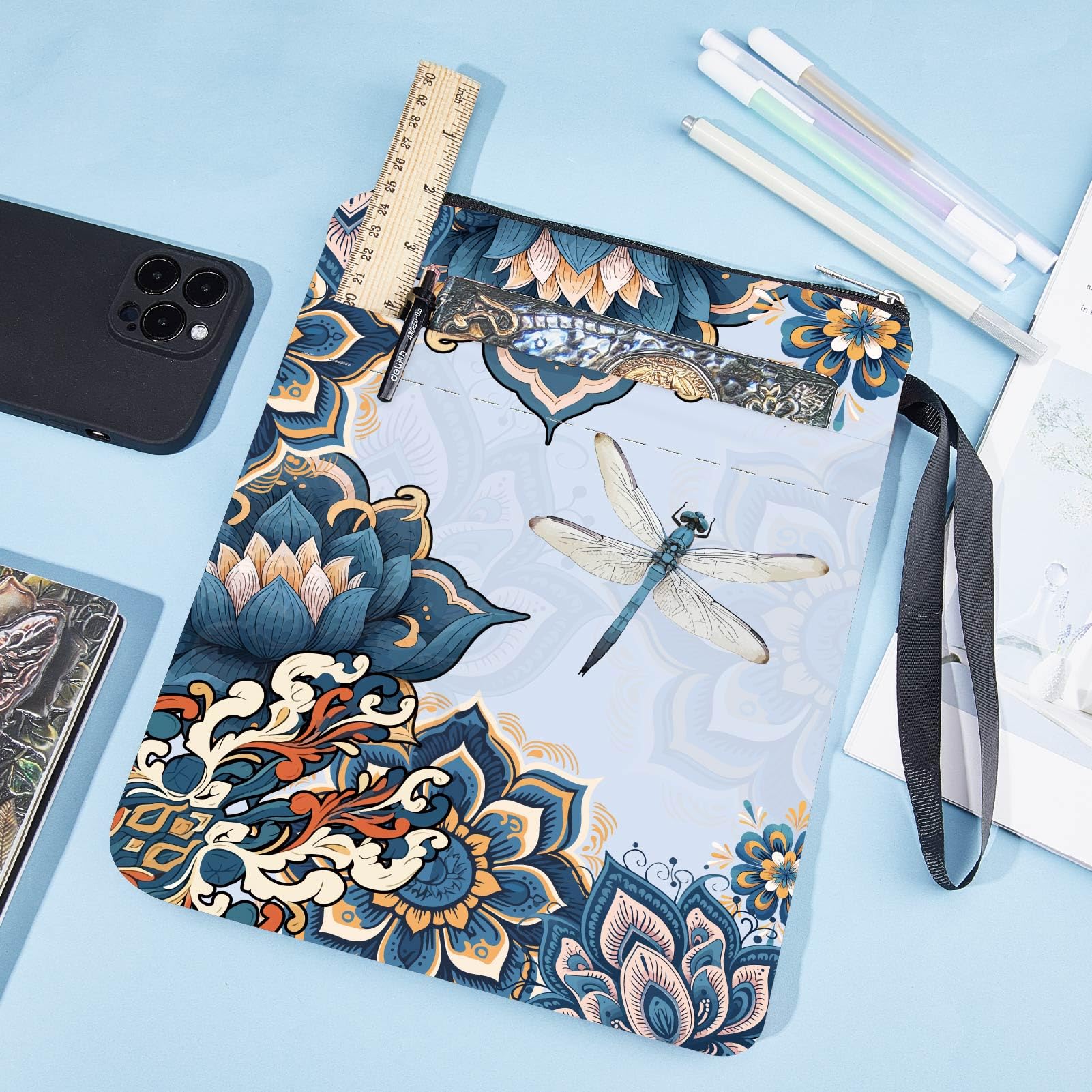 craspire Boho Fleur Libellule Pochette de Livre avec Poche à Fermeture Éclair Cadeaux pour Les Amateurs de Livres Mandala Lotus Couverture Rigide Pochette de Livre Étanche Sac de Protection Housse