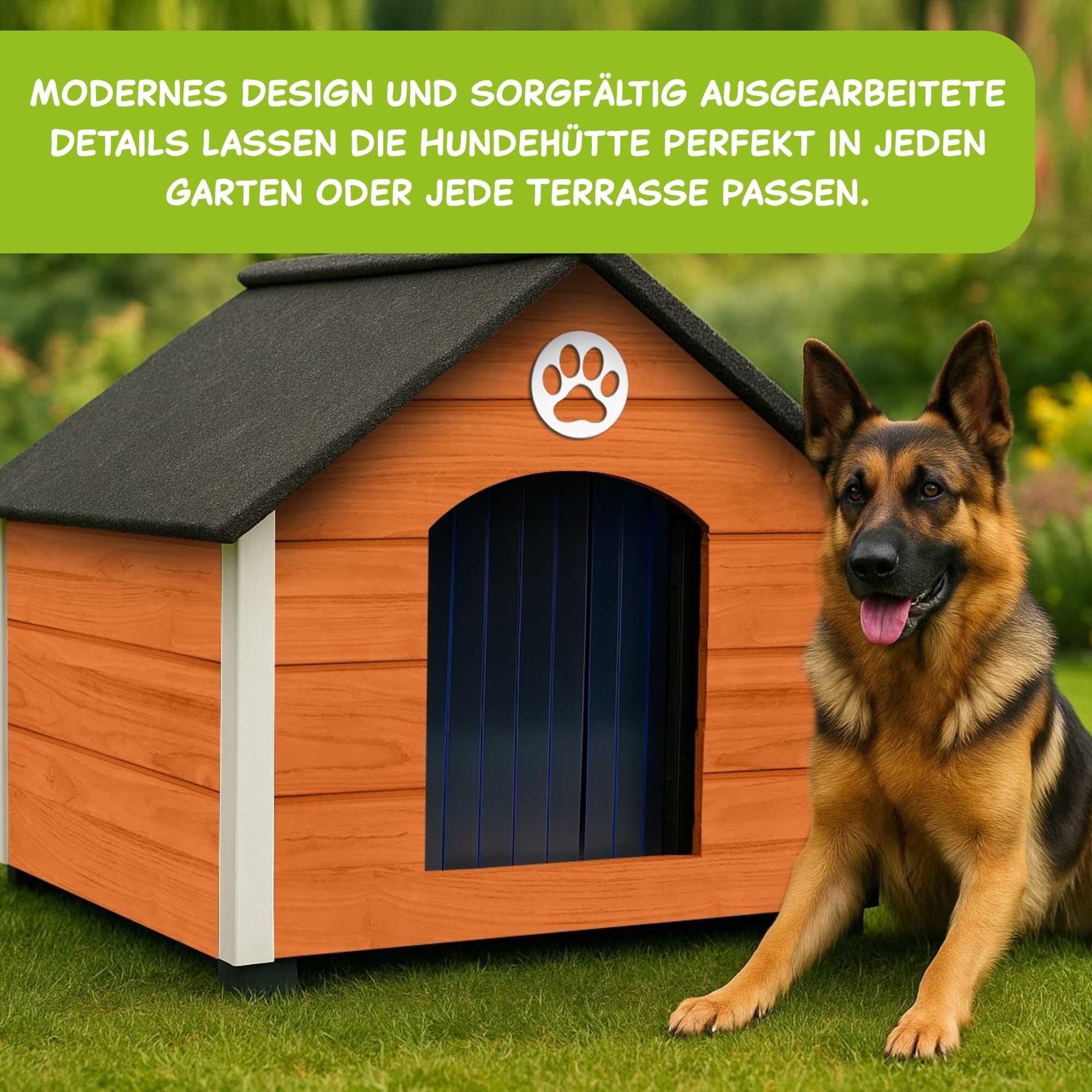 Outentin Hundehütte Outdoor Isoliert - Hundehaus für Große Hund - Winterfest und Wetterfest - Hunde Haus für Draußen mit schrägem Dach - Stabile Villa und Moderne Design - 103 x 90 x 70cm-Teak