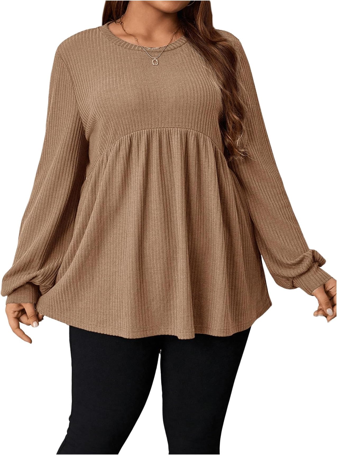 Women's Plus Size T Shirts Bishop Long Sleeve Peplum Ruffle Hem Tee Tops Plain Brown 2XL-1