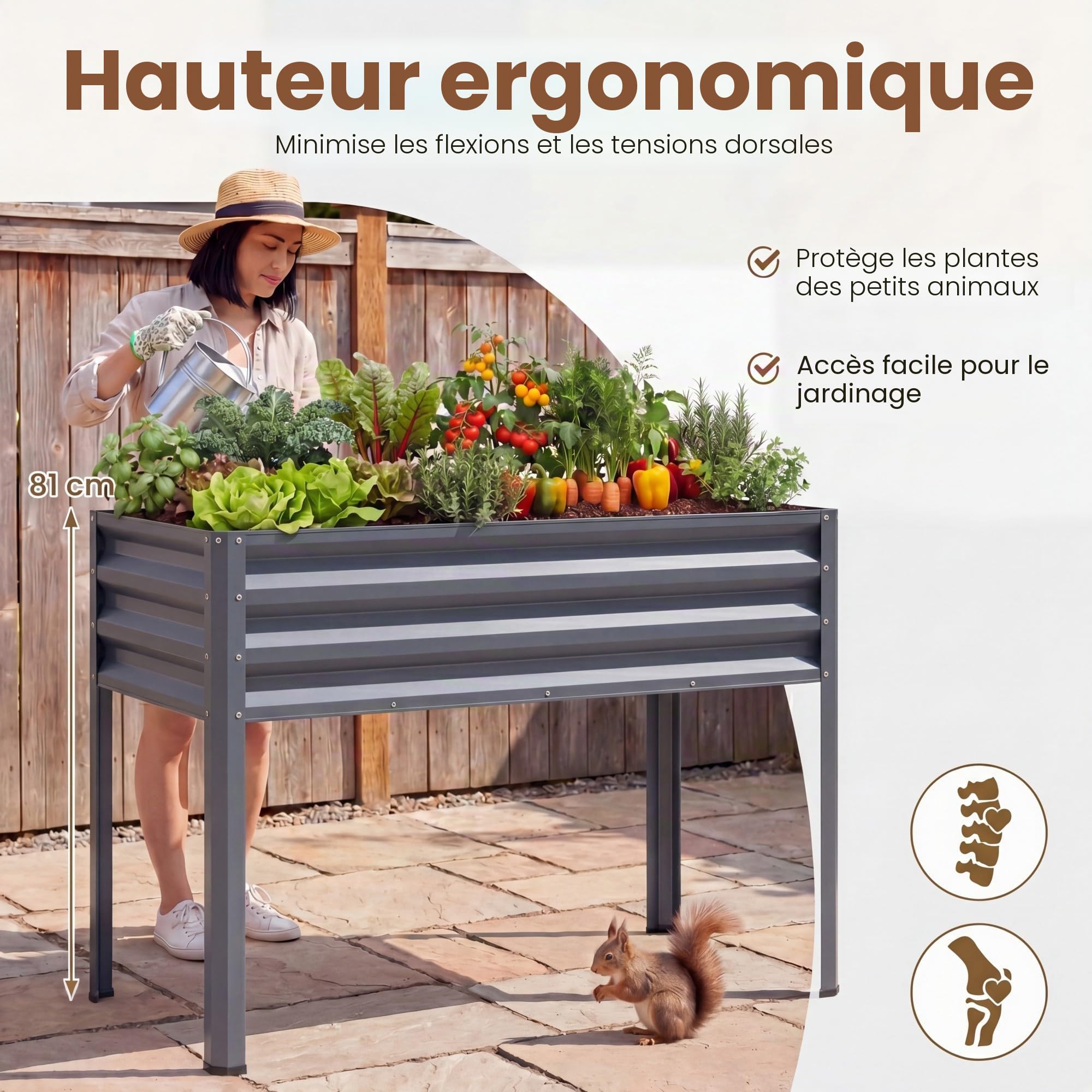 HOMASIS Jardiniere sur Pieds en Métal 142L, Potager Surélevé avec Trou de Drainage, Patins Antidérapants&Barres Renforcées, Table de Culture pour Légumes&Fleurs, Jardin&Balcon, 112x55x152cm (Gris)