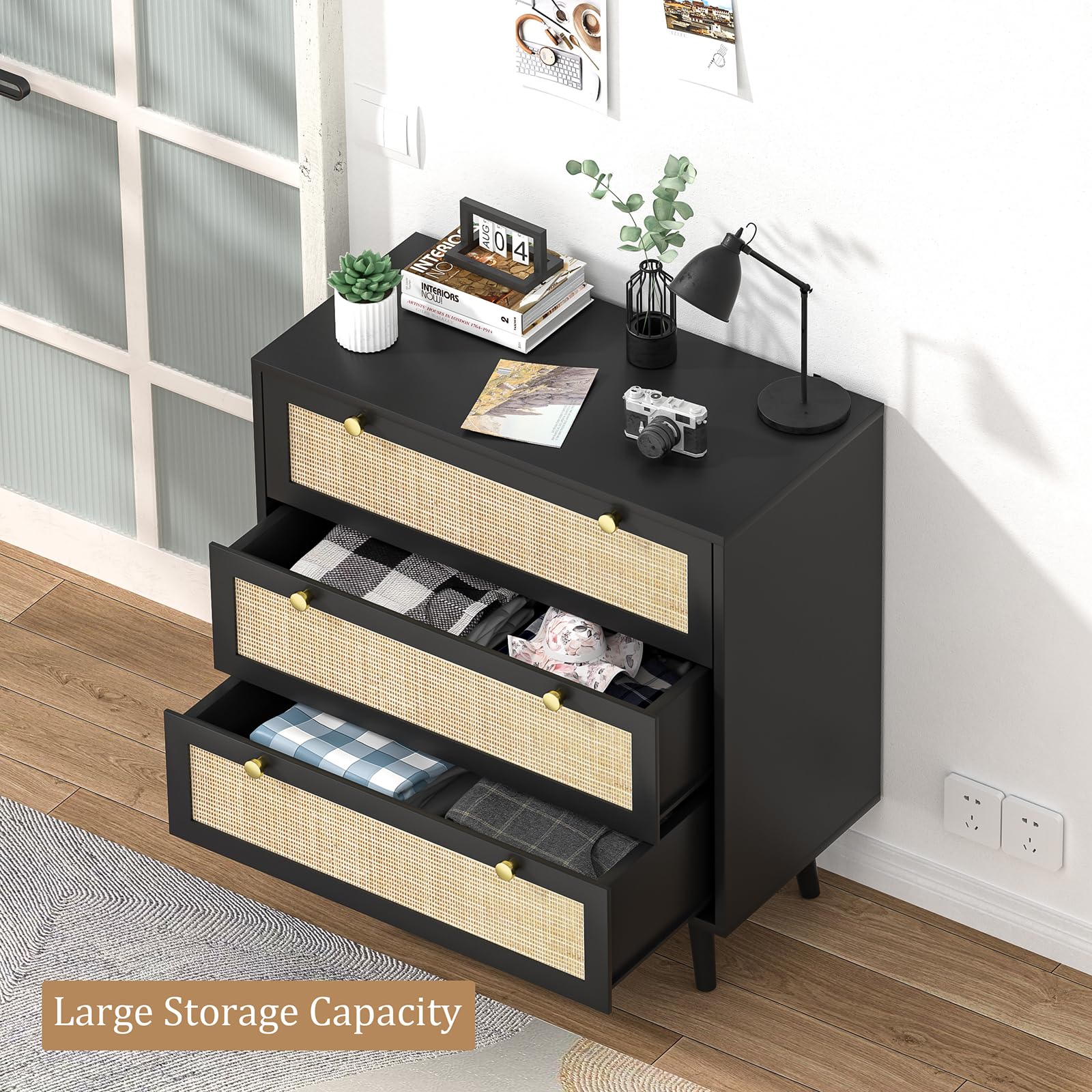 3-Schubladen Kommode mit Rattanfront | Moderner Komodenschrank fürs Schlafzimmer Kommode | Großer Stauraum Schubladenkommode | Naturlook Kommode mit Schubladen, 80x40x91CM