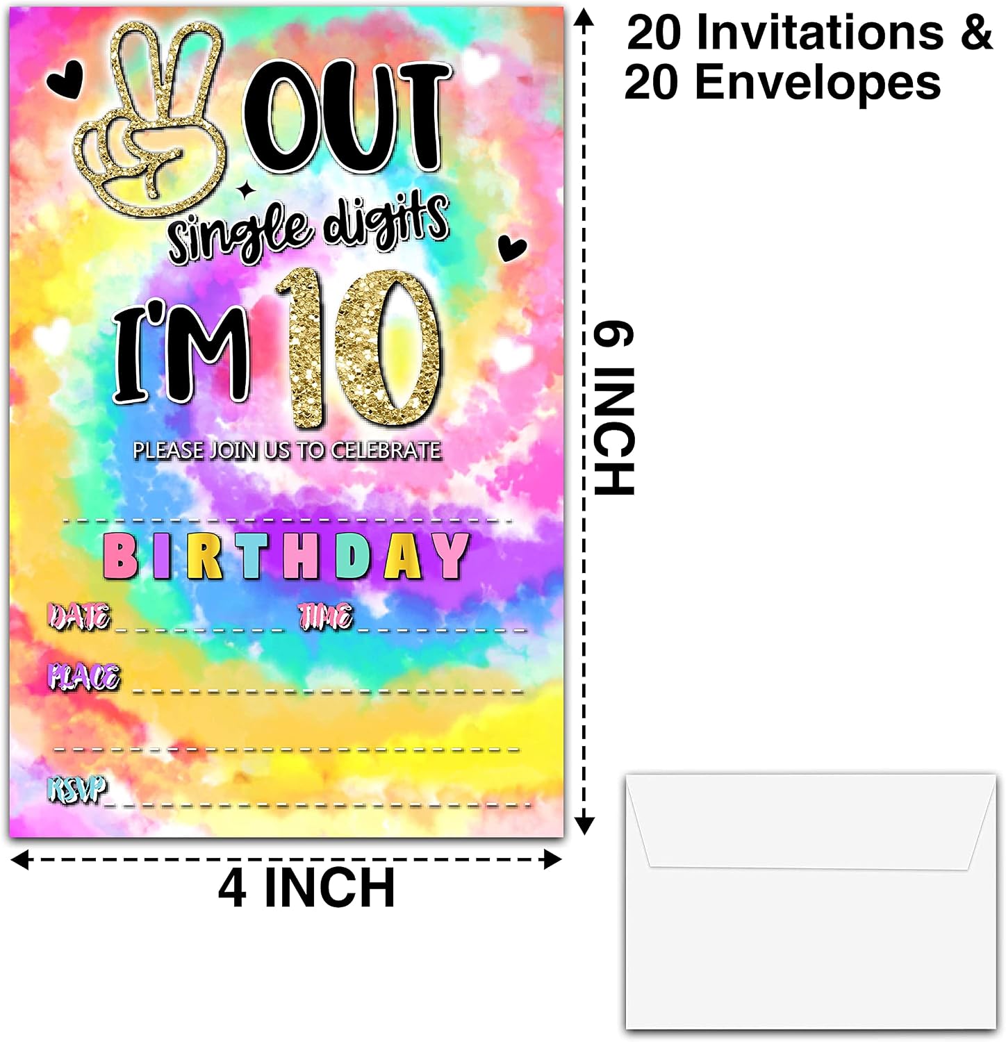 YSTEP Tie Dye 10th Birthday Party Invitations, 20 Invite Cards with Envelopes, 4"x6" Peace out Single Digits Birthday Invites - B18
