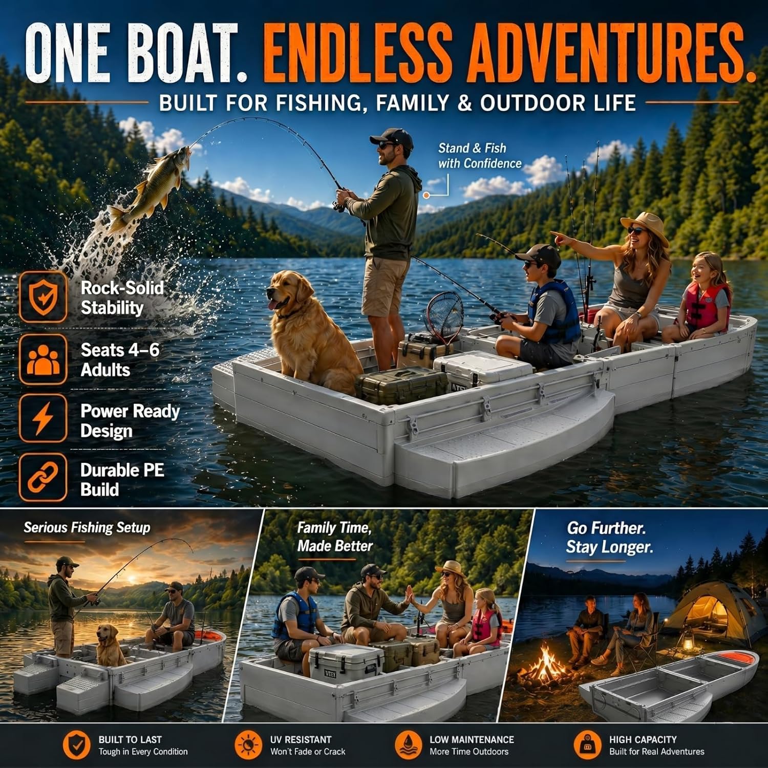 B1 Modular Portable Boat, Upgraded Pontoon Boat - Modular Fishing Kayak with Integrated Fish Box, 1036-1148 lb Load Capacity, Suitable for Fishing, Rowing, Ferrying, and Work