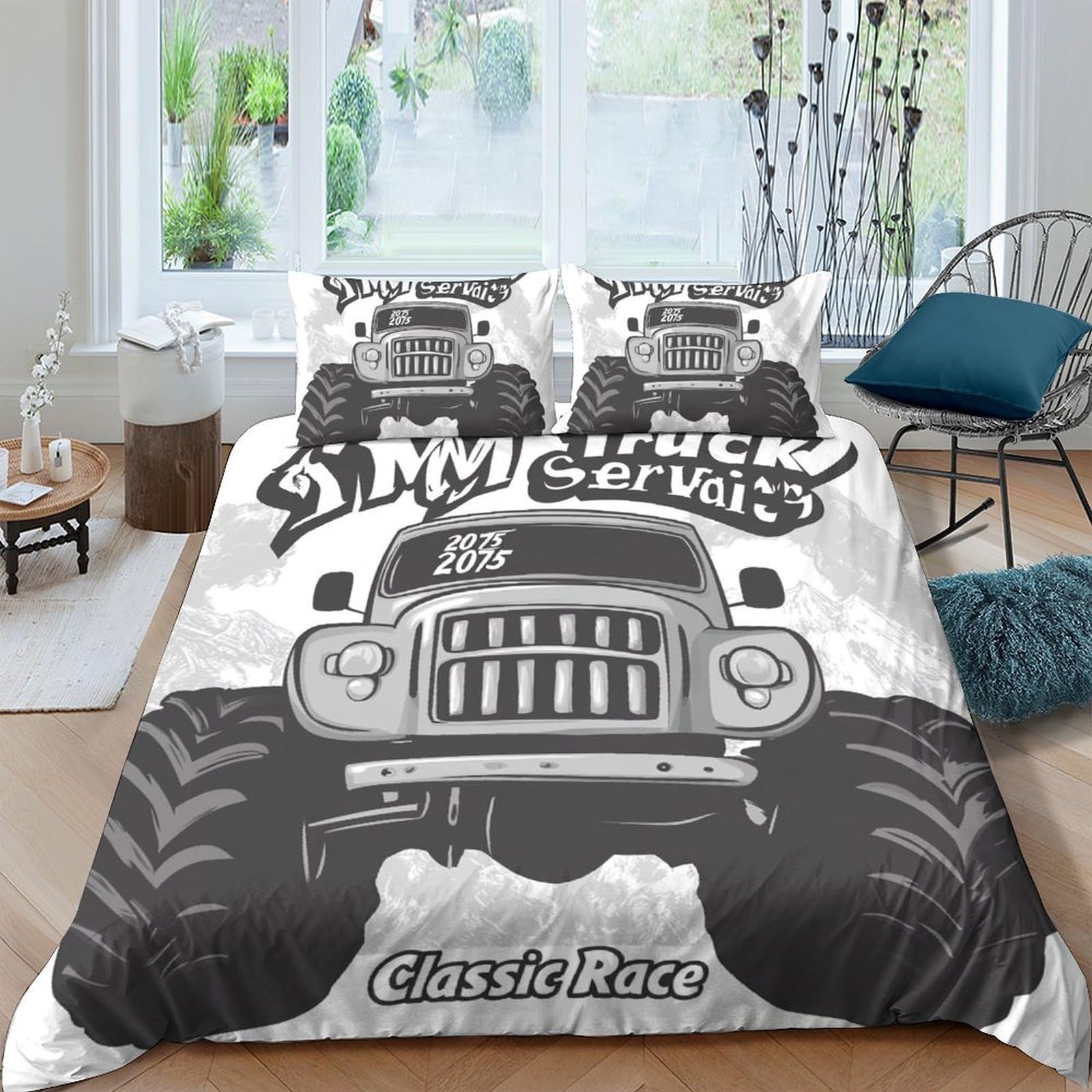 Ctjqhvkz Style-5 3D Printed Monster Truck Fitted Sheet Microfiber Soft Grey Black Racing Car Bed Cover For Bedroom Guest Room Decor Single（135X200cm）